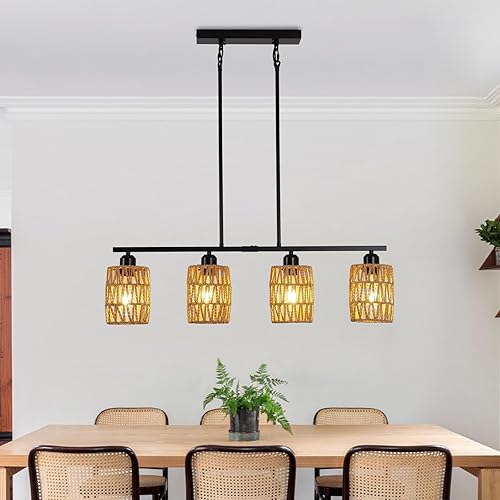 Miniatura 8 de Iluminación de isla de cocina de ratán, candelabro costero bohemio, lámpara colgante rústica de 4 luces para comedor, altura ajustable, luces