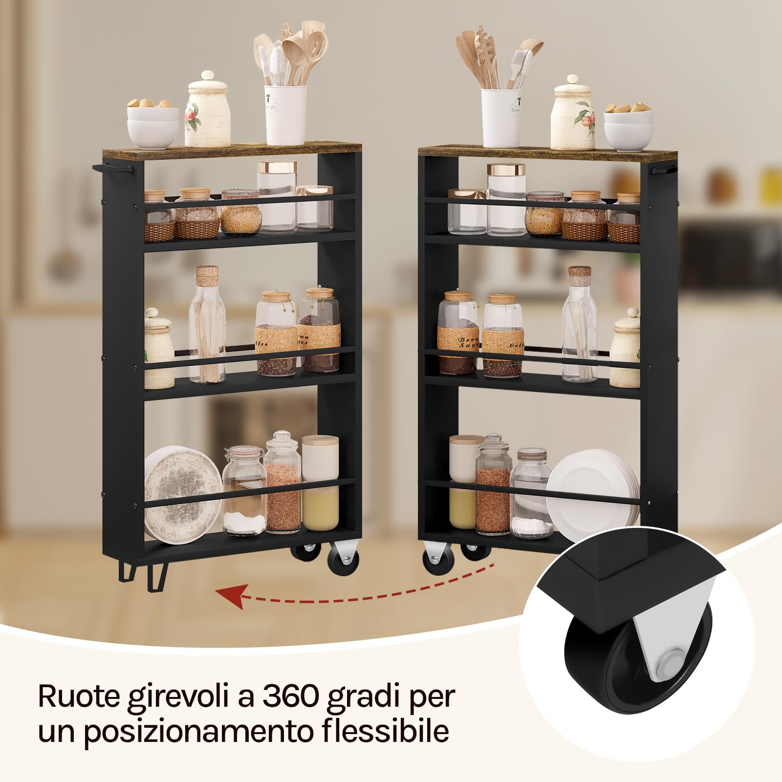 WOLTU Carrello da Cucina a 3 Ripiani, Scaffale Stretto con Ruote Bloccabili e Maniglia, Carrellino Salvaspazio Multiuso in Legno e Metallo, Nero e Marrone Vintage