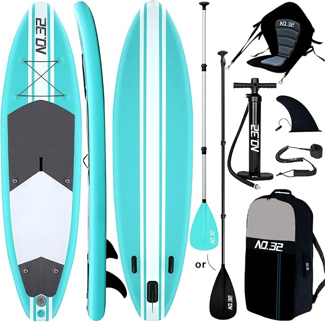10ft / 3m Inflatable Stand Up Paddle Board | Inflatable SUP Board Beginner's Surfboard Kit w/Adjustable Paddle | Air Pump w/Pressure Guage | Repair Kit | Premium Leash | Kayak Seat & Carry Backpack