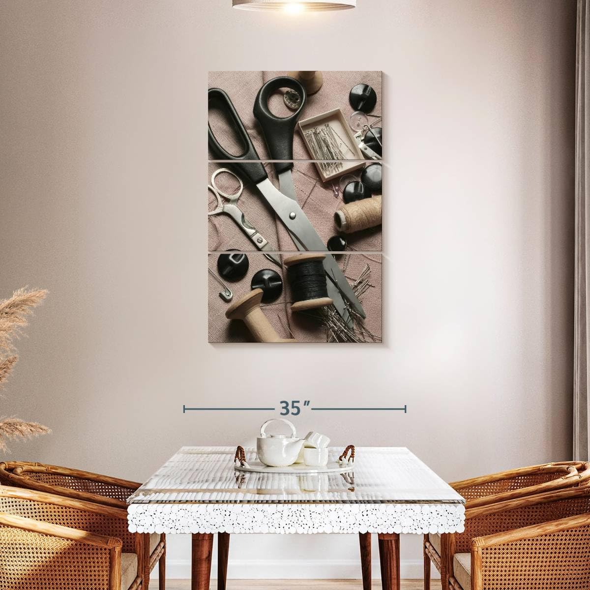 Elephant Stock - Sewing Accessories Wall Art - Vertical Multi Panel Canvas - 3 Piece Living Room Wall Decor - Photography Hobbies And Lifestyle Multi Piece Wall Art - Beige And Gray Decor - 28