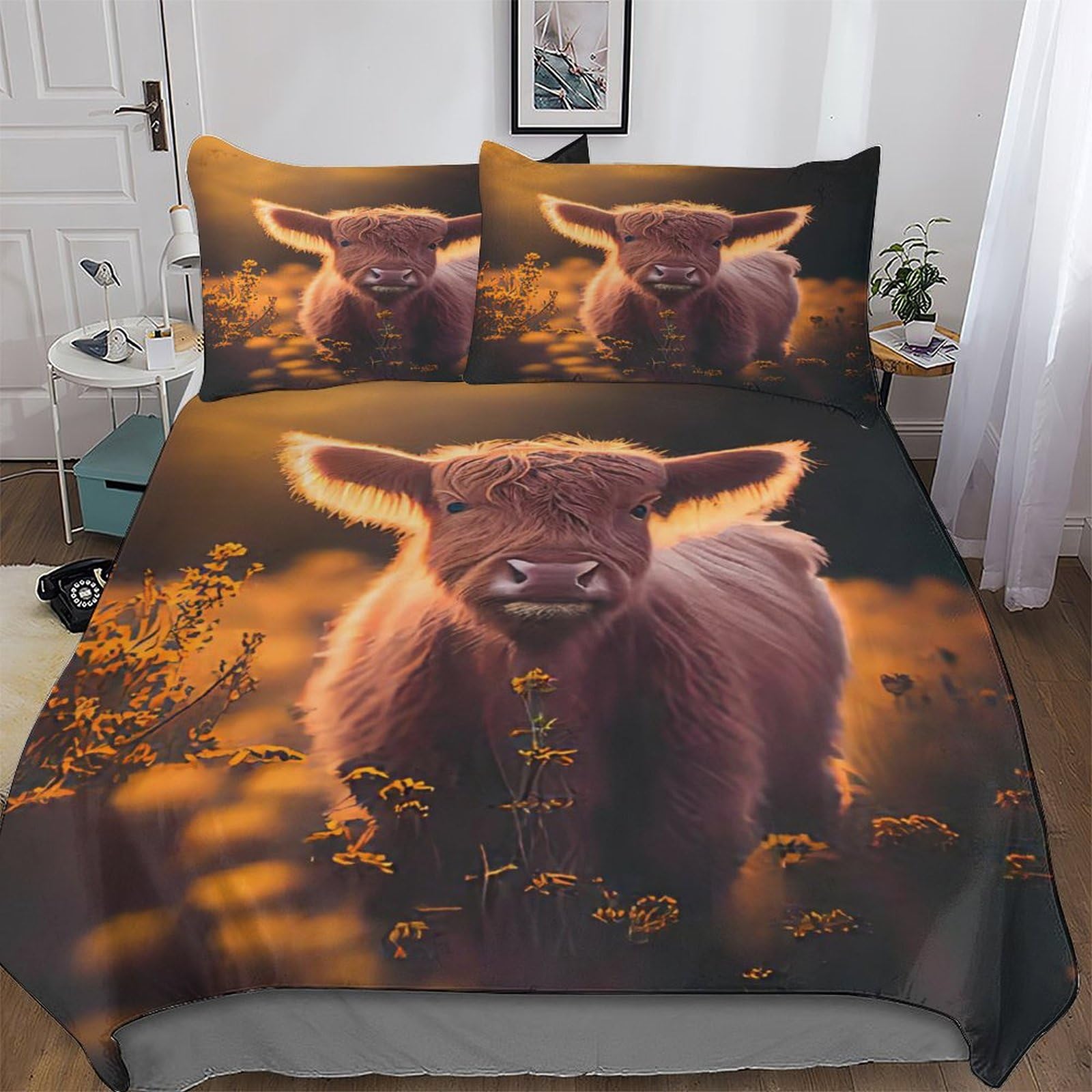 LLXXHH Scottish Highland Cows Duvet Cover Set Microfibre Soft Quilt Covers Easy Care Cover Bedding Sets with Pillowcase for Teen Adult Kids Double (200x200cm)