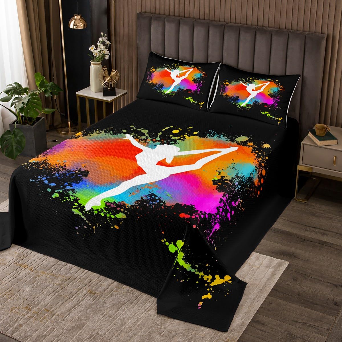 Ballet Quilt Set for Girls Women,Ballerina Ballet Dancer Coverlet Set,Colorful Graffiti Tie Dye Bedspread Set Queen,Gymnastics Sport Quilted Gifts for Ballet Lovers Teal Orange Pink Red Green