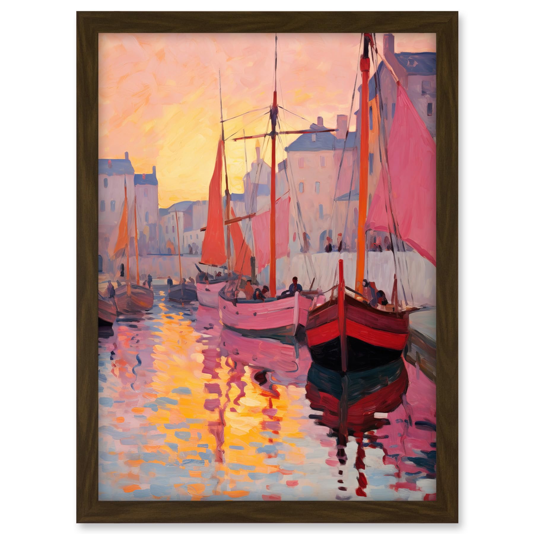 Artery8 Sailboats Reflecting in Harbour Water Pink Orange Sunset Oil Painting Anchoring by Promenade Artwork Framed A3 Wall Art Print