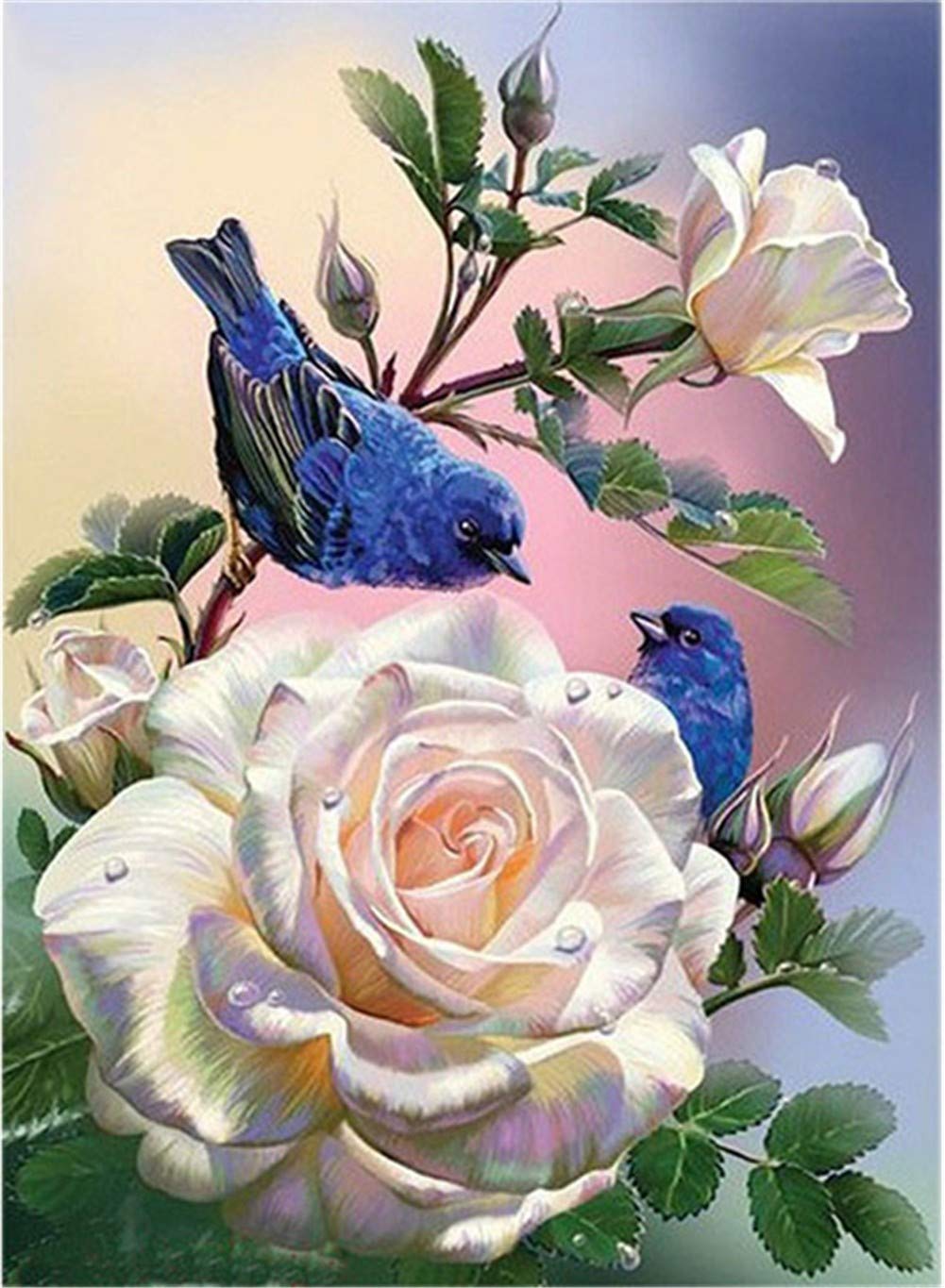 DIY 5D Diamante Pintura Bordado Kits Completo Pájaro flor blanca Diamond Painting Adultos/Niños Rhinestone Punto de Cruz Diamante Arte Artesanía Casa Decor de La Pared Round Drill,70x90cm/28x36inch