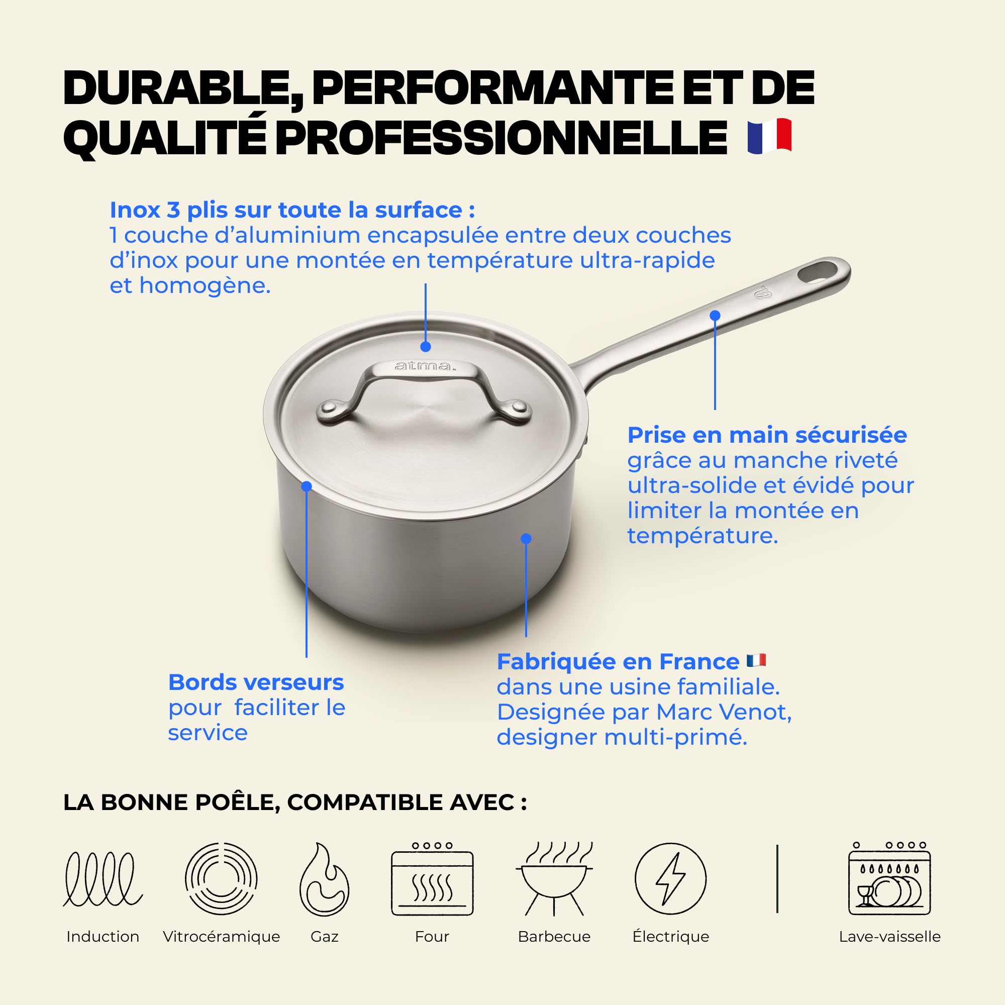 Atma – Lot de 3 Casseroles Inox 3 Plis avec Couvercles (16, 18, 20 cm) – Cuisson Homogène – Sans PFAS, PFOA, PTFE – Graduation, Bords Verseurs – Tous Feux Dont Induction – Fabriqué en France