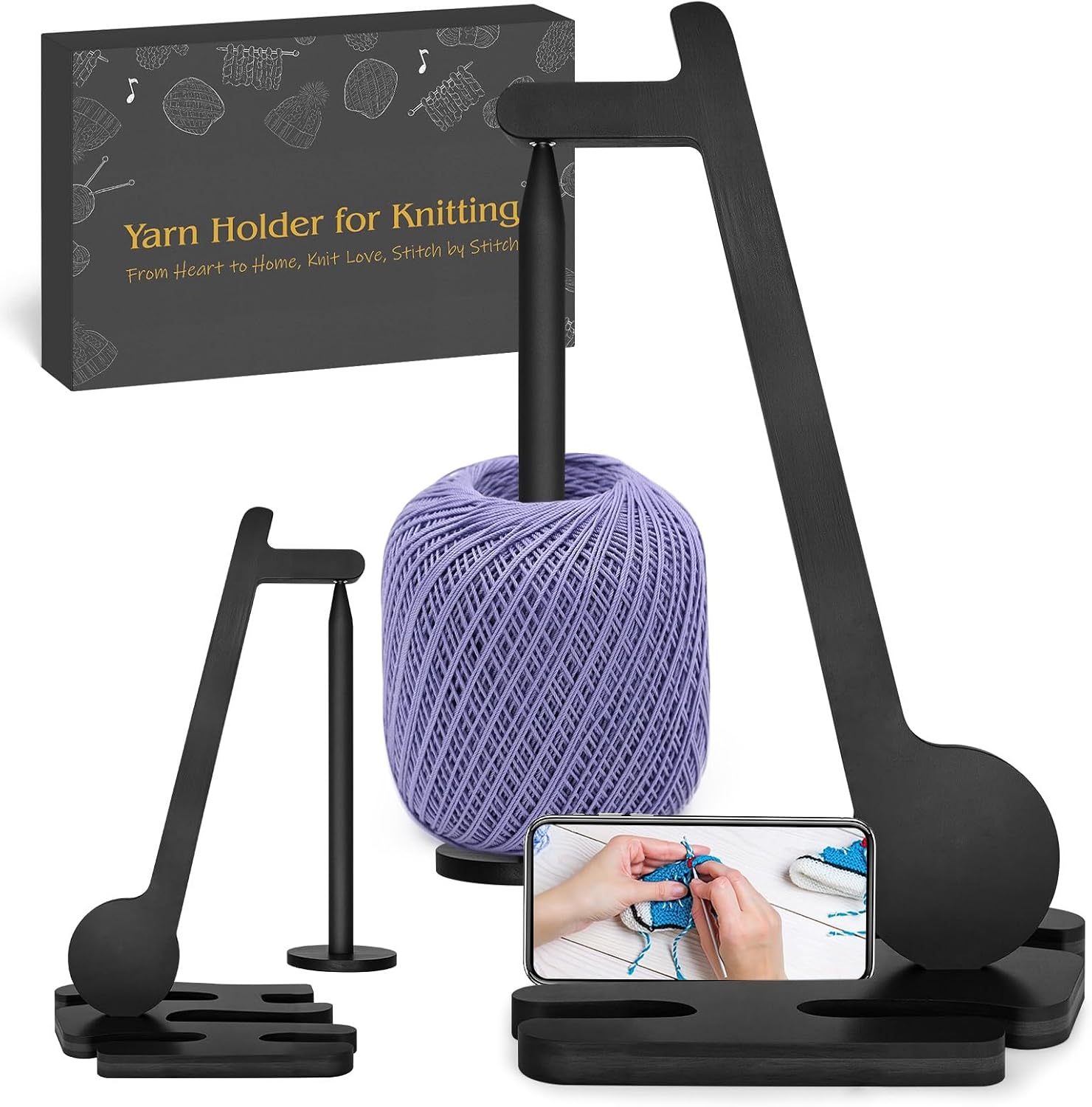 Yarn Holder for Crocheting - Wooden Magnetic Yarn Holder Spinner for Knitting - Unique Gifts for Mother Day Crochet Lovers, Music Lovers, Christmas, Birthday - Black