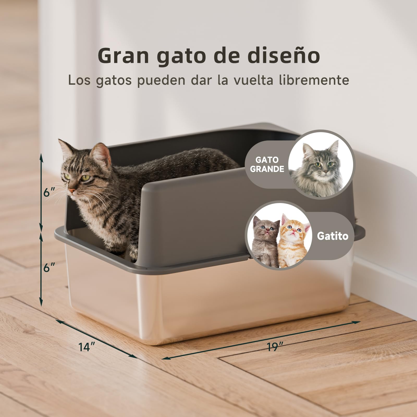 Caja de Arena de Acero Inoxidable para Gatos, Mediana, con Tapa, Bandeja de Metal fácil de Limpiar. (20''L X 14''W X 12''H con Recinto)