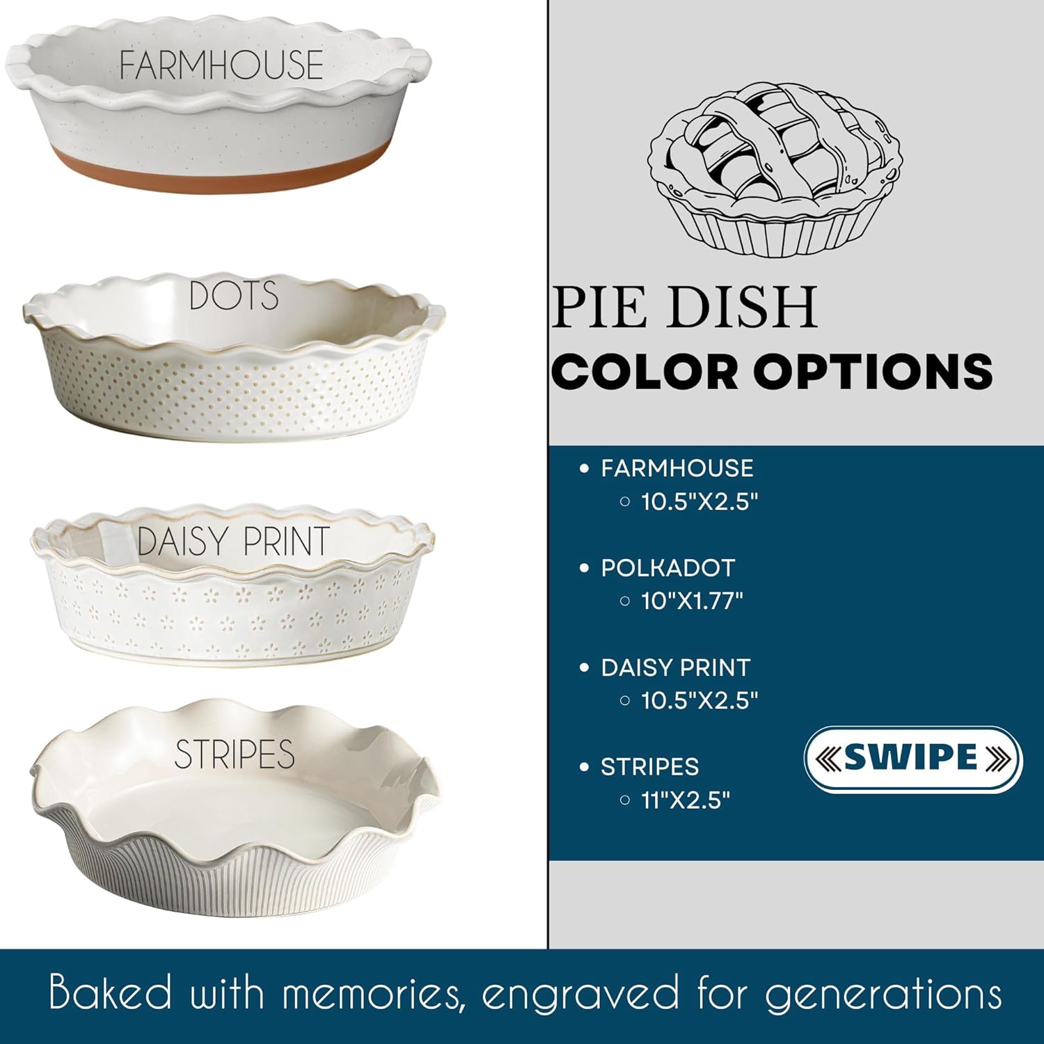 Personalized Ceramic Pie Dish, Round Stoneware Baking Plate, Laser Engraved Handwritten Recipe Design, Dishwasher and Oven Safe (Farmhouse)