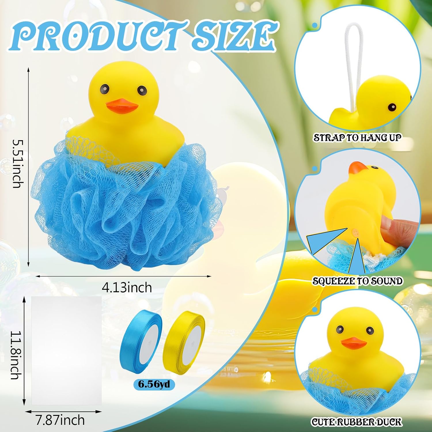 9 Sets Rubber Duck Party Favors Rubber Duck Shower Gifts for Guests Blue Bath Sponge Sets with Ribbon Gift Bags for Birthday Party Gender Reveal Supplies