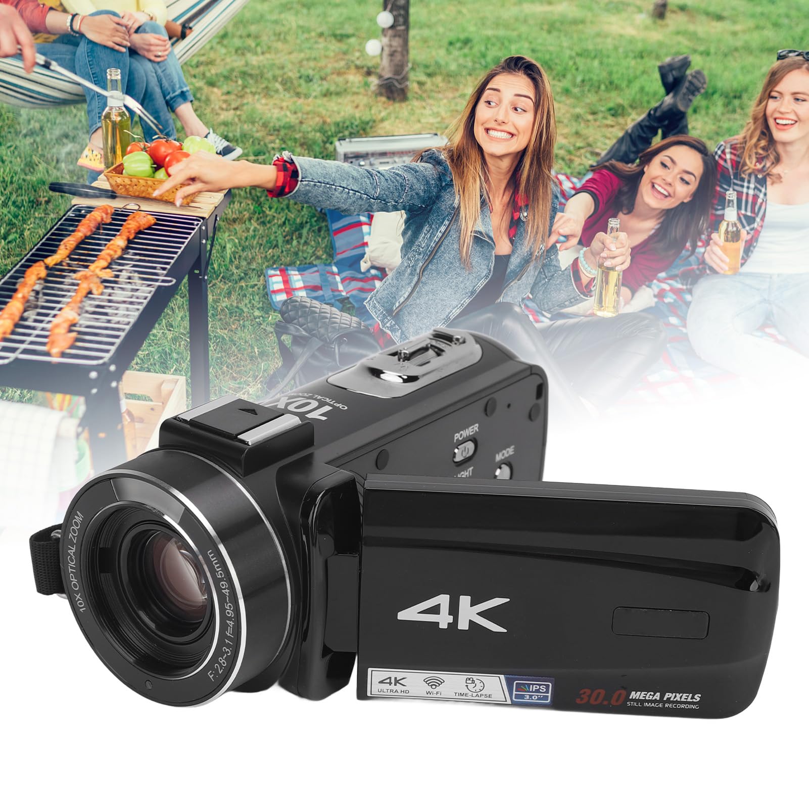 Yctze Videocamera HD con Zoom Ottico 4K 10X, Touch Screen IPS da 3 MP, Videocamera Anti-shake, Anti-shake a 6 Assi, Porta Hot-shoe per i Viaggi