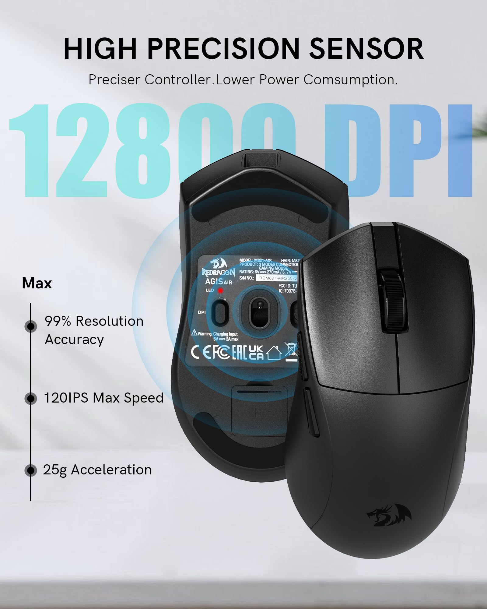 Redragon M821-AIR - Mouse da gioco wireless, Tri-Mode 2.4G/USB C cablato/Bluetooth, mouse da gioco per PC, laptop, Mac, Windows, leggero, fino a 128000 DPI regolabile, 7 pulsanti macro programmabili