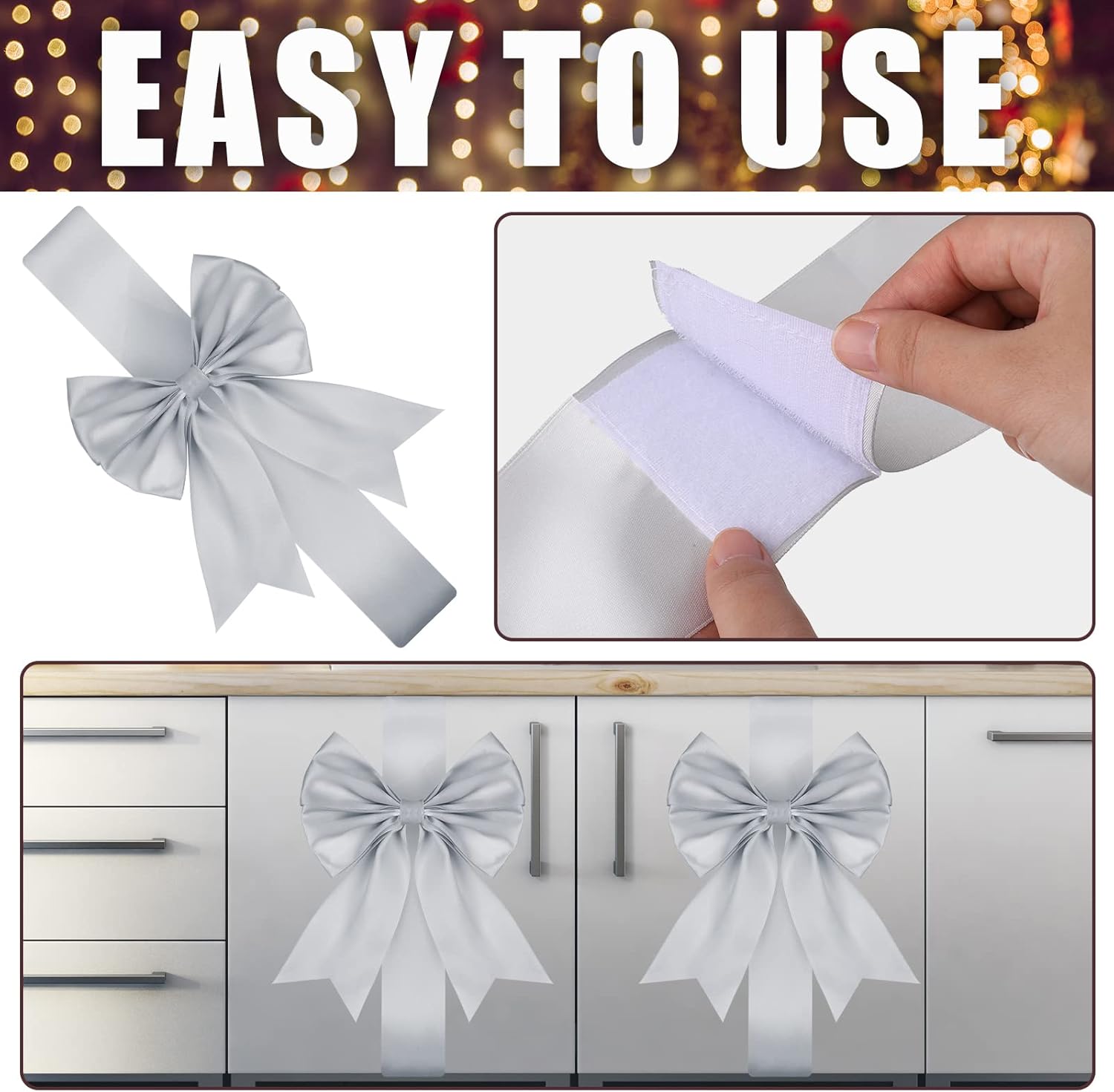 Syhood 8 Pieces Christmas Cabinet Big Bows Door Decorative Ribbon Festive Large Cabinet Ribbon Bows for Kitchen Cabinets Furniture Room Decorations (Silver)