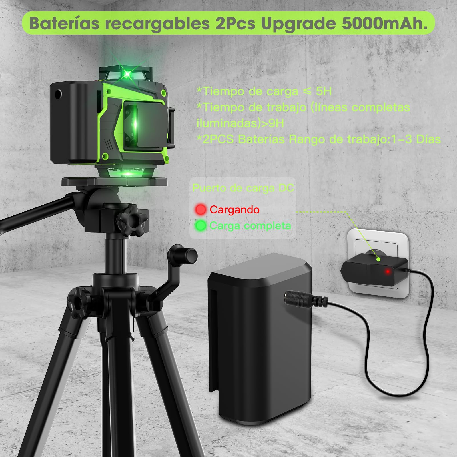Nivel Laser Autonivelante 360 Grados con Trípode, Nivel Láser Verde 16 Líneas, 2 x 360 Horizontal y 2 x 360 Verticales, 2 x Batería, Montaje en Pared, Control Remoto, Base Magnética, Soporte Giratorio