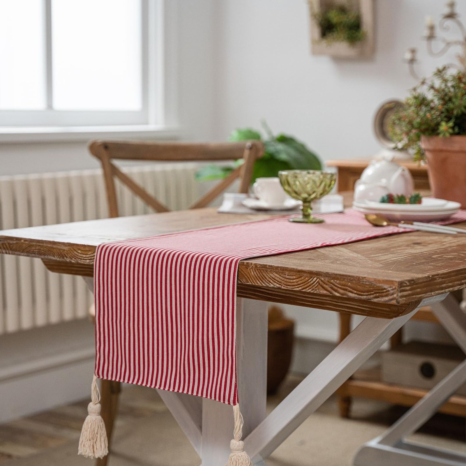 Tischläufer Polybaumwolle Modern, Tischläufer Landhausstil 33x350 cm, Rot Gestreiftes Muster mit Quasten