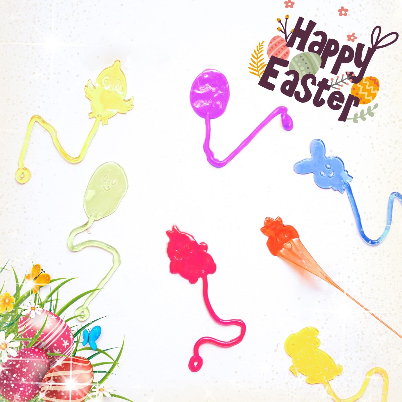 28 Pack Easter Sticky Hands Toys, Bunny Chick Egg Carrot Styles Stretchy Toys Easter Basket Stuffers, Pinata Fillers, Party Favors Gifts for Kids Boys Girls