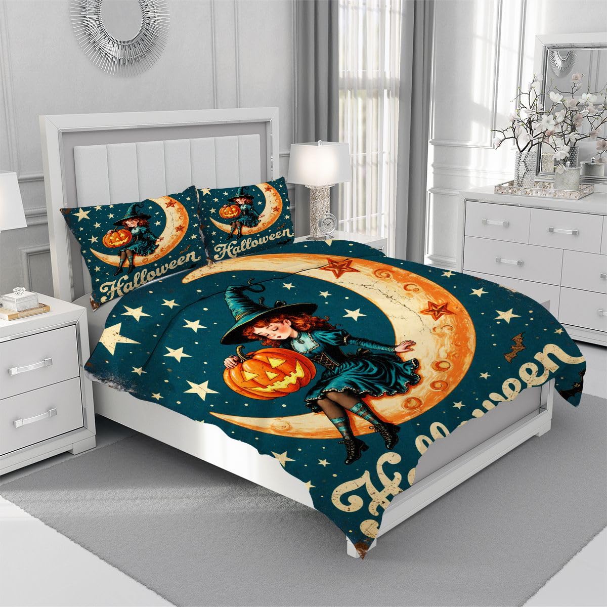 Komplet pościeli 220x240 cm zielona czarownica, miękka i łatwa w pielęgnacji poszewka na kołdrę, wszystkie pory roku 3D zestaw pościeli do dekoracji sypialni pieluchy