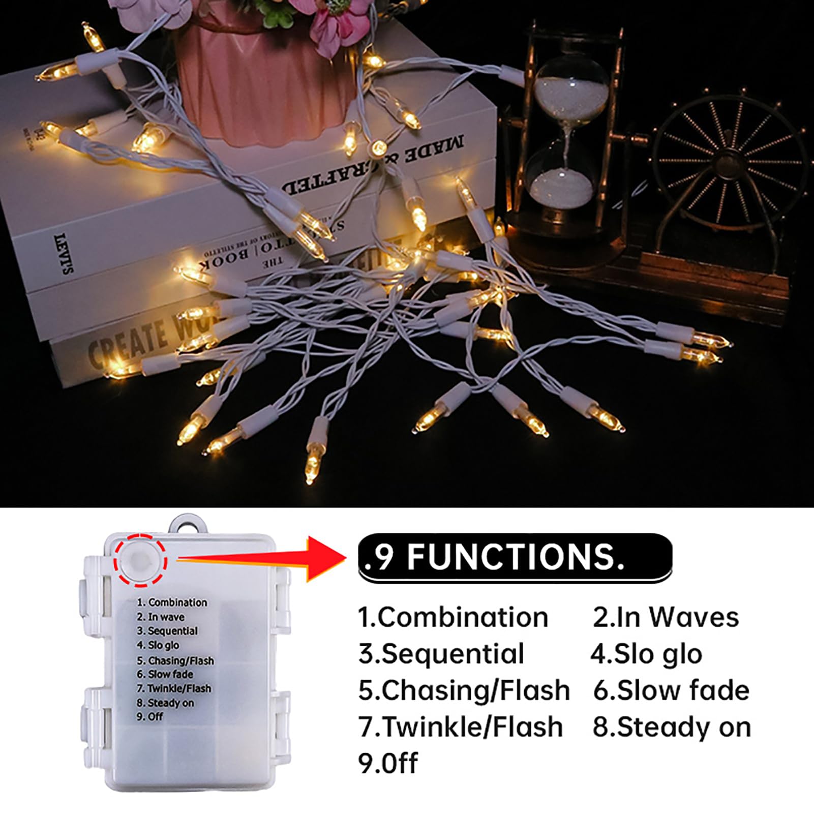 MULTI-SPARKING Lot de 2 guirlandes lumineuses de Noël à piles avec 50 LED blanc chaud pour petit arbre, couronne, artisanat, décoration d'intérieur/extérieur, 8 modes et fonction mémoire, fil blanc 5