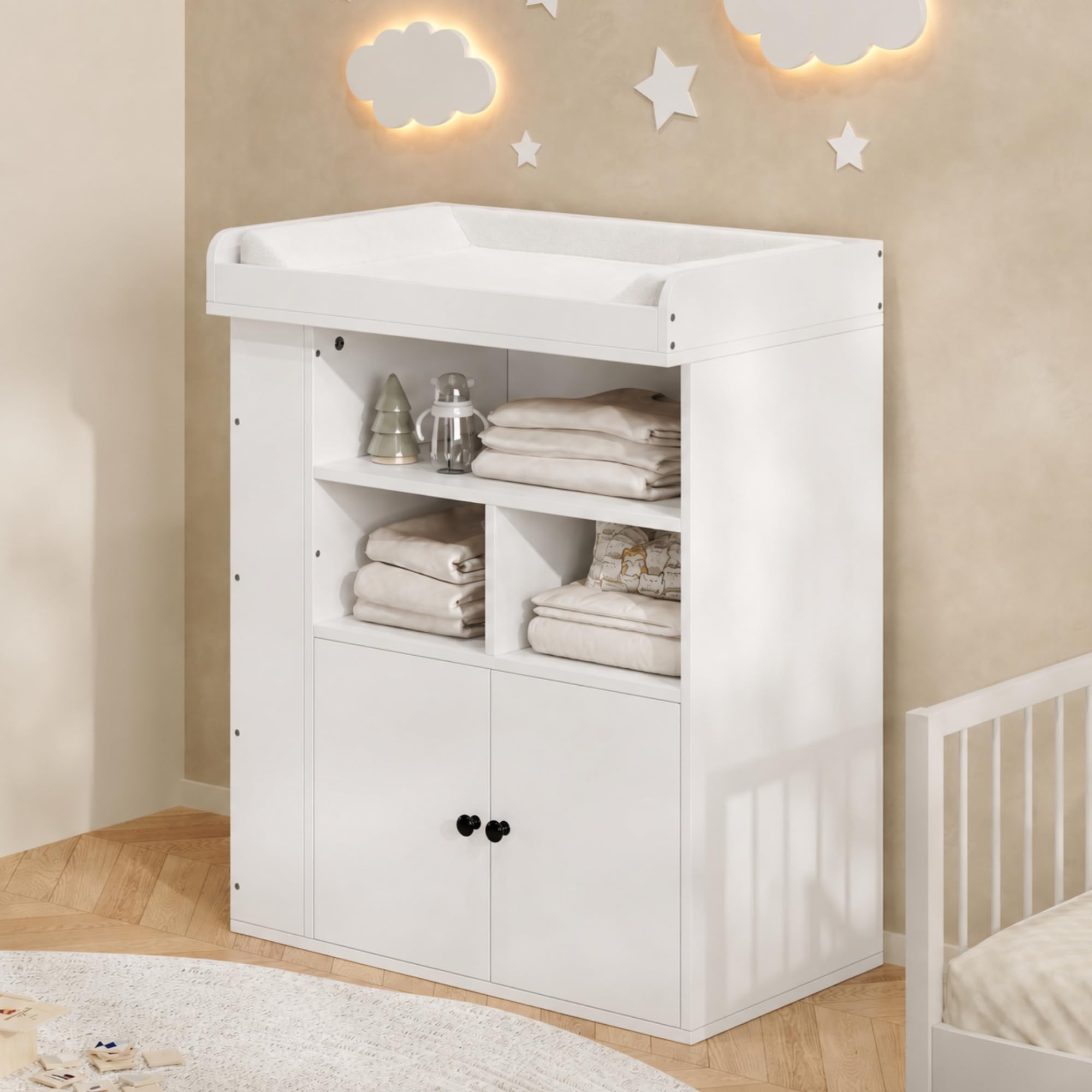 Fasciatoio, dimensioni 82 x 50 x 100 cm, bianco, ringhiera rimovibile, con vano portaoggetti e cassetti, senza fasciatoio