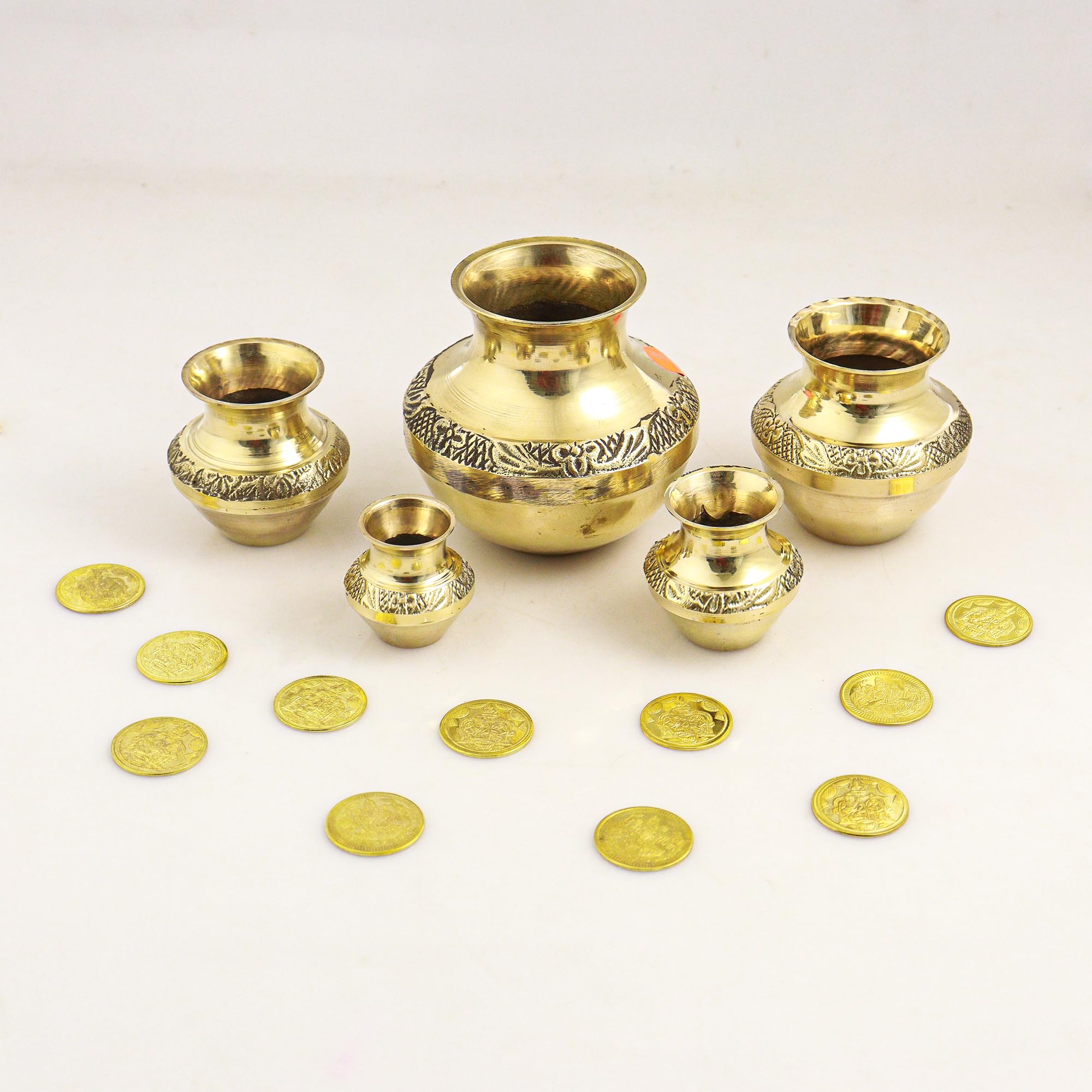 Putrika Brass Gubera Lota with 11 Lakshmi Kubera Coins|Kubera Pot Set of 5 Brass|Pooja Kalash Pot for Wealth|Puja Kalasam with 11 Gold Coins for Diwali, VaraLakshmi Pooja 4