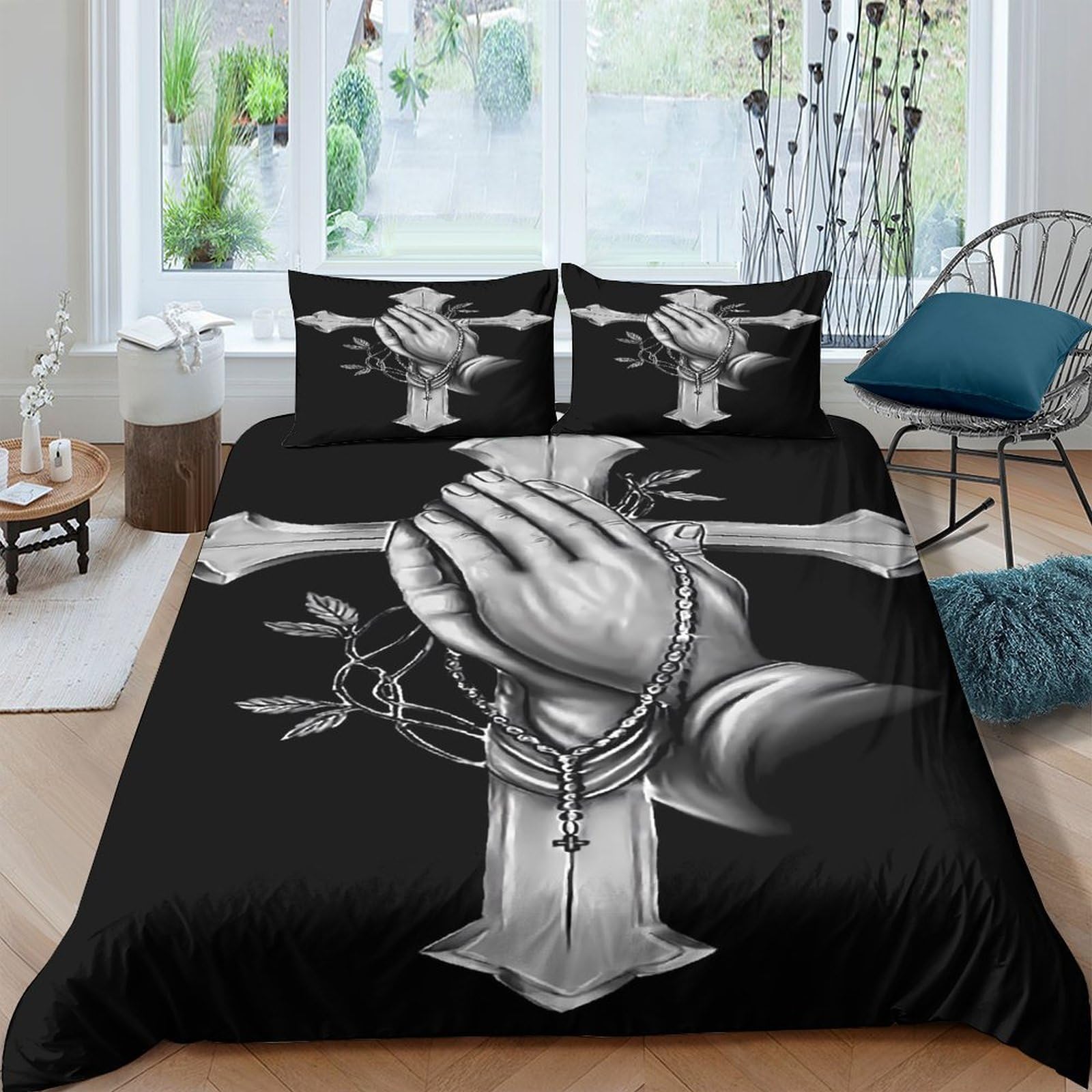 Ctjqhvkz Style-5 3D Printed Praying Hands Fitted Sheet Microfiber Soft Black Cross Bed Cover For Bedroom Guestroom Dorm Mattress Protection Single（135X200cm）