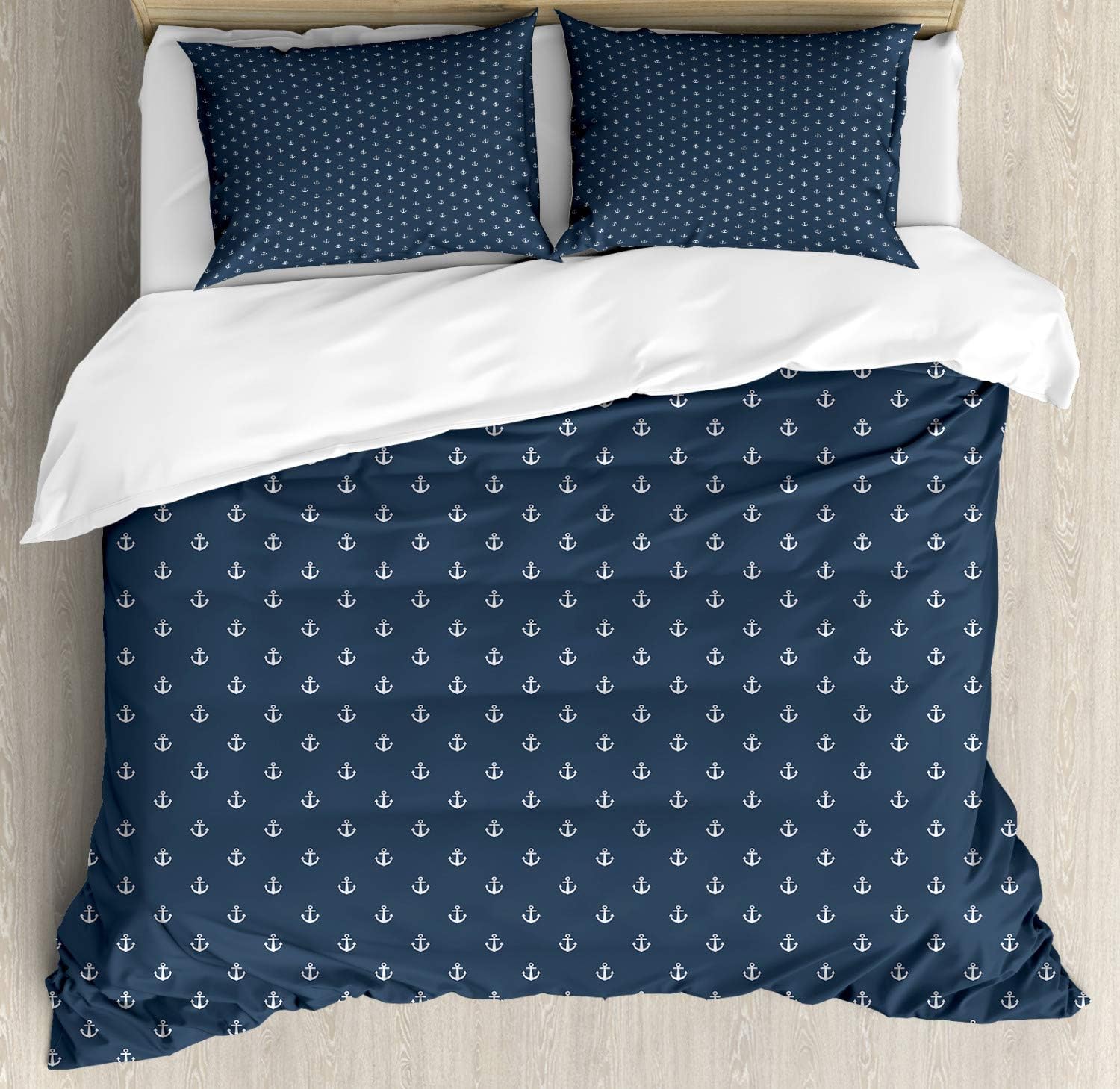 Ambesonne Navy Blue Duvet Cover Set, Nautical Classical Pattern Little Anchor Sea Travel Cruise Theme, Decorative 3 Piece Bedding Set with 2 Pillow Shams, King Size, Bluegrey White King Bluegrey White