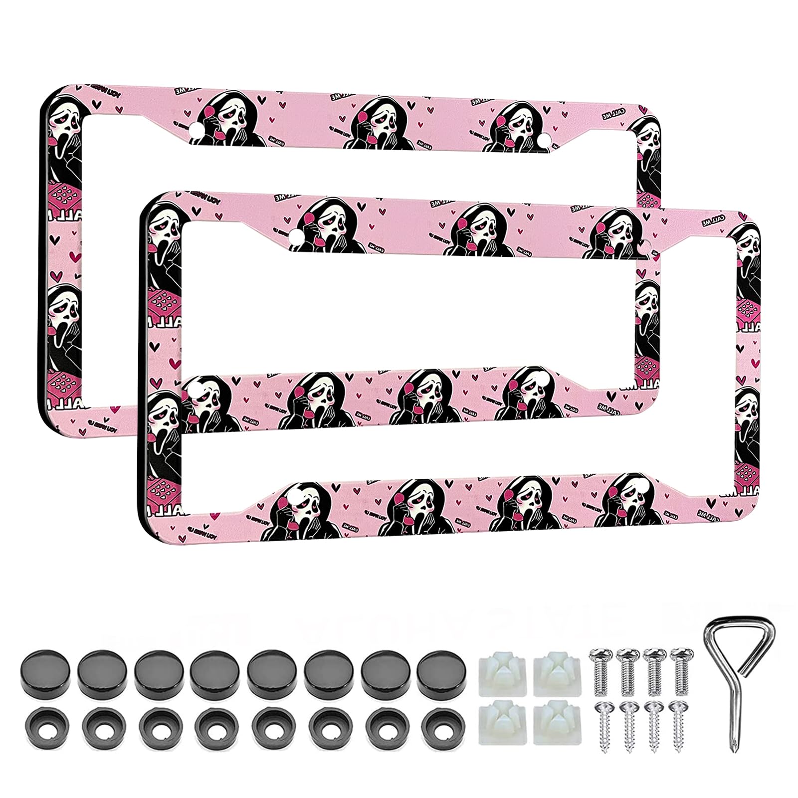 LIN KANG License Plate Frame Holder for Women - 2 Pack Universal Pink Car Plate Holder Cover Cute Horror Ghost Skull Face Car Tag Cover Holder with Free Screws Fasteners Caps