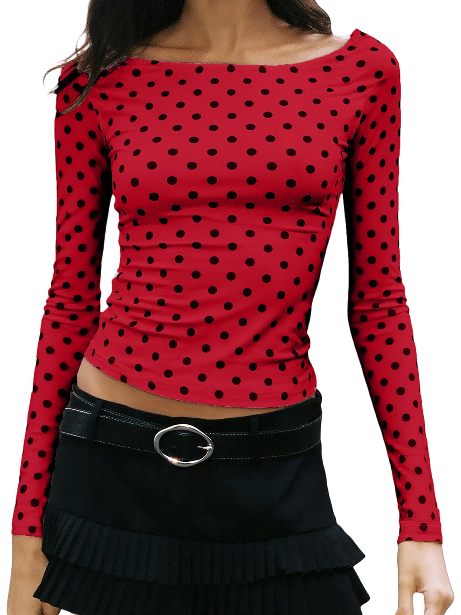 Women's Trendy Polka Dot Top Stretchy Slim Fit Basic Long Sleeve T Shirt Casual Going Out Crop Tops Streetwear (B-Claret, M)