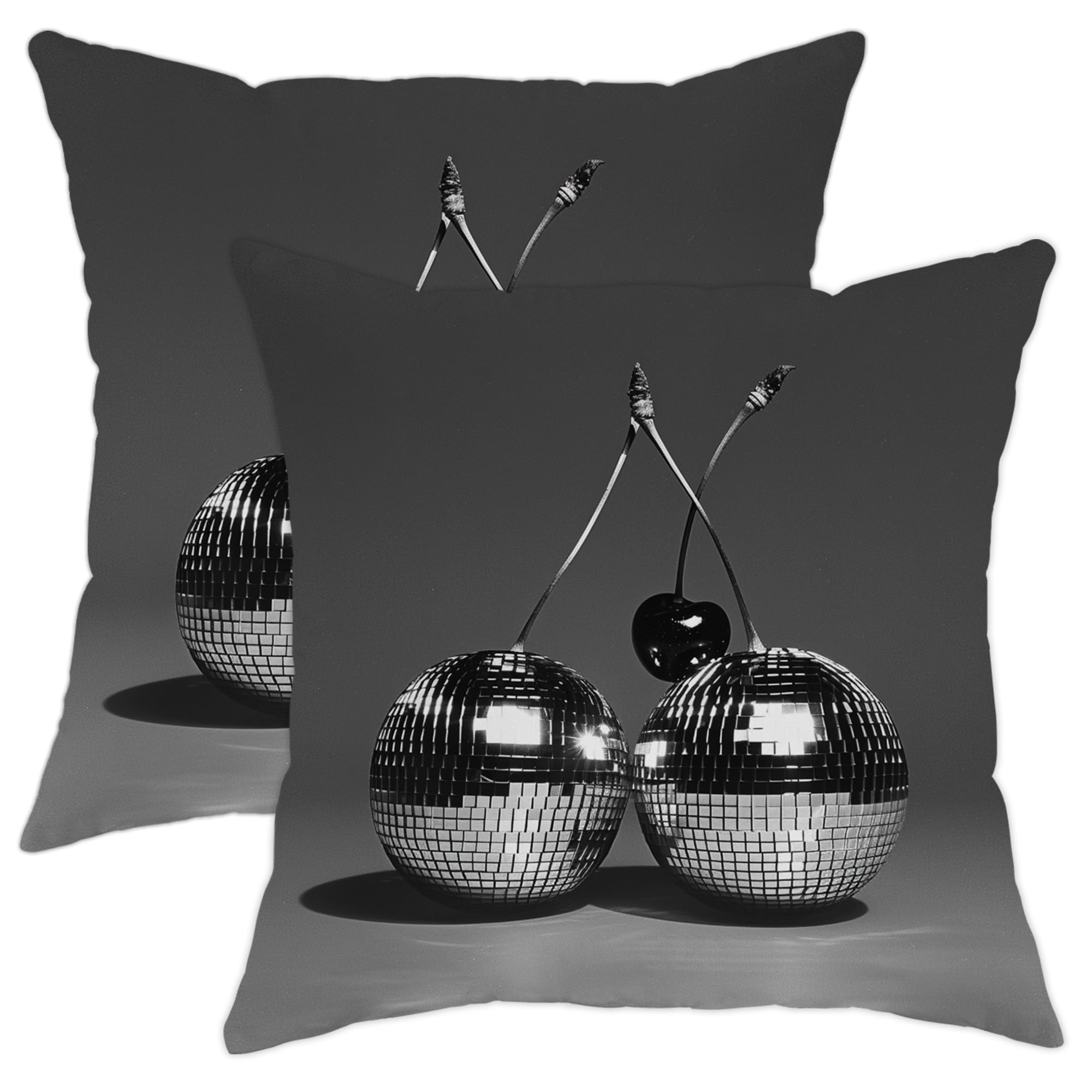 Spring Throw Pillow Covers Set of 2, Black Silver Dual Cherry Disco Ball Decorative Cushion Case, Christmas Modern Farmhouse Decor for Home Sofa Bed Couch 16x16 Inch