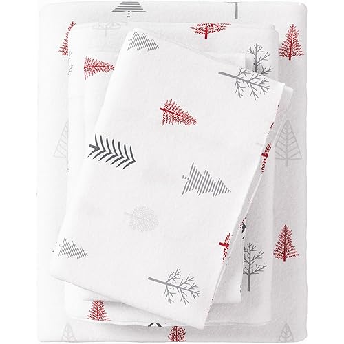 Great Bay Home Flannel Sheet Set California King Size - 100% Turkish Cotton, Double-Brushed, Printed Bed Sheets - Ultra-Soft, Cozy, 4-Piece Bedding Set (Winter Trees - Red)