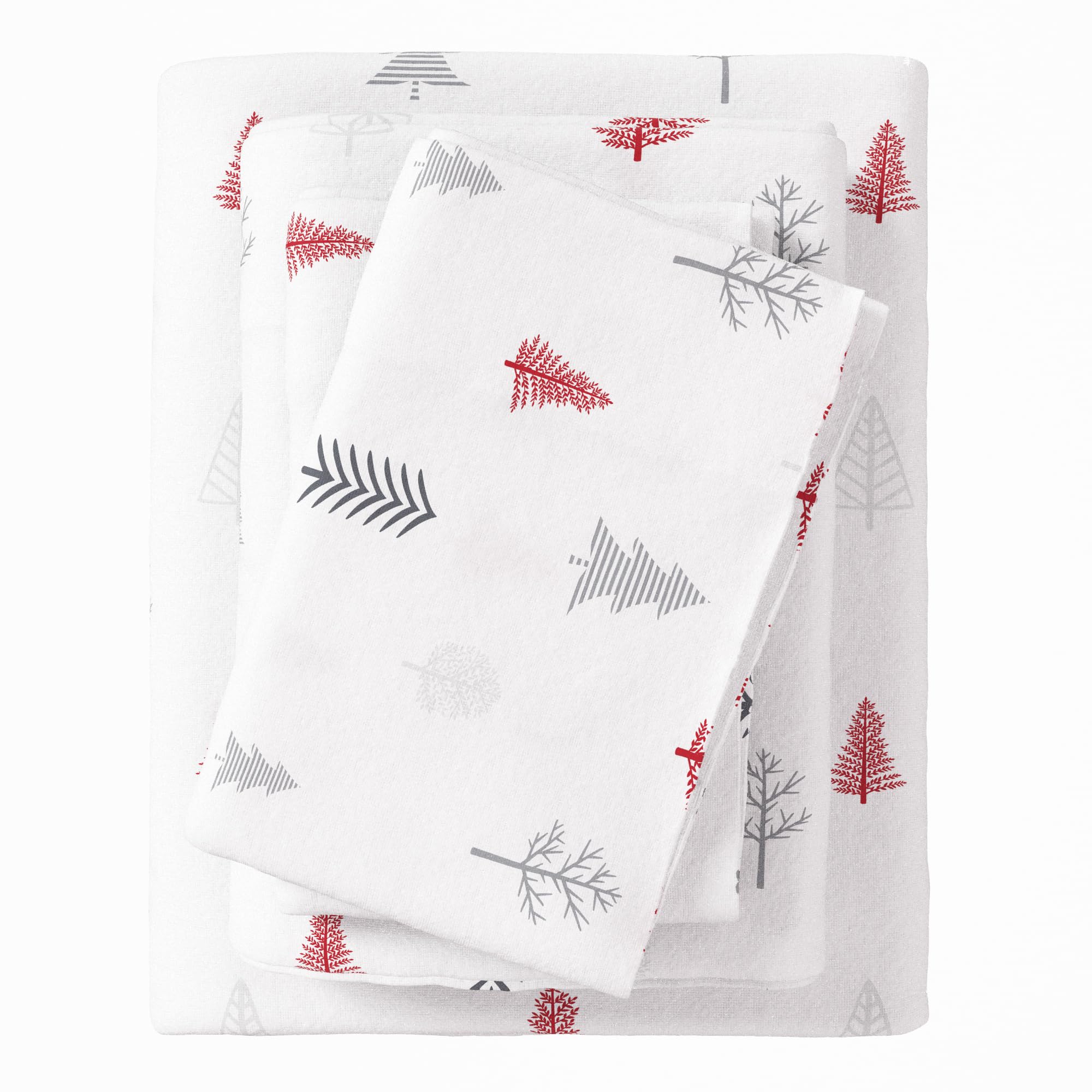 Great Bay Home 4 Piece 100% Turkish Cotton Queen Holiday Flannel Sheet Set | Cotton Christmas Bedding Sheets & Pillowcases | Warm, Double-Brushed Bed Sheets (Queen, Winter Trees - Red) โ image 1