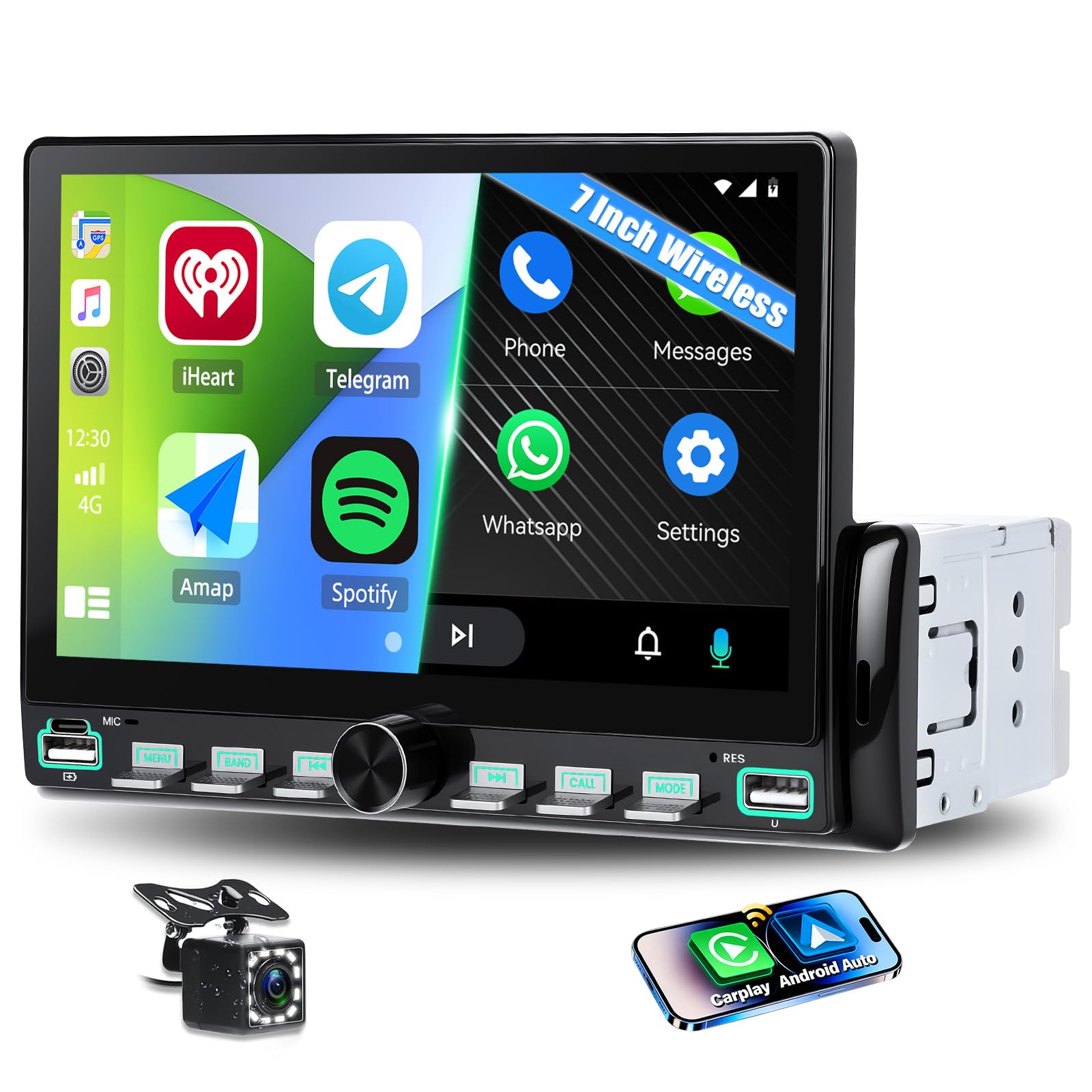 CAMECHO Autoradio 1 Din Wireless Carplay Android Auto Bluetooth Radio 7 Zoll mit Rückfahrkamera, IPS Touchscreen HD Bildschirm mit Mirror Link Lenkradsteuerung +2USB Anschlüsse