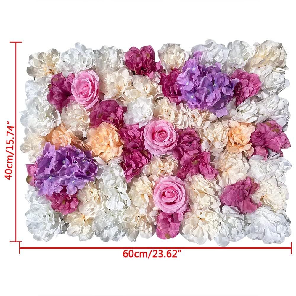 Rosenwand Künstliche Blumenwand 3D Blumen Kunstblumen Gefälschte Pflanzenwand 12 Stück Rosen Deko 40x60cm (Dahlie Rose‌ Hydrangea) - Rosa, Violett, Weiß