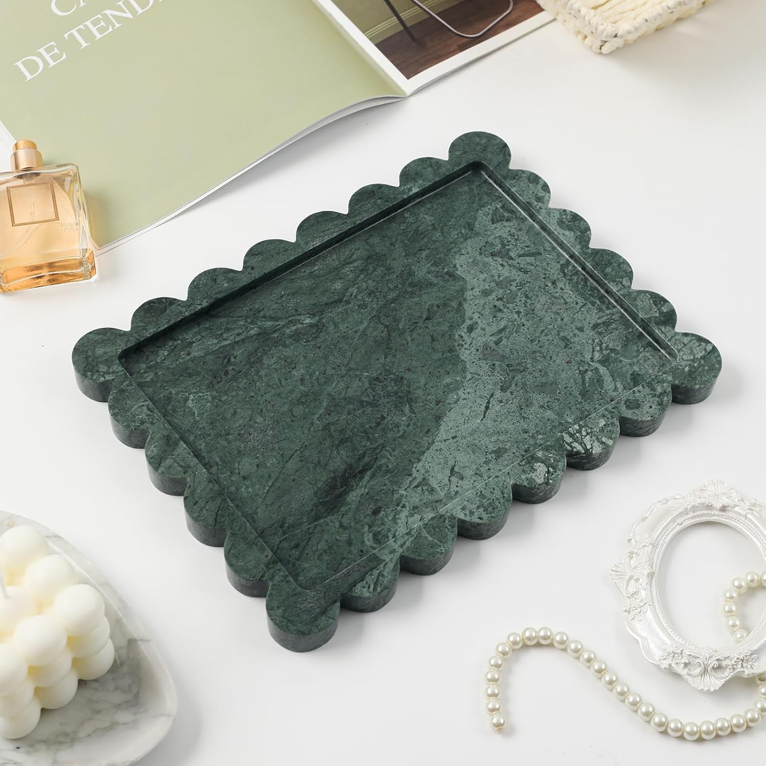 Natural Marble Scalloped Tray 10.8" x 8", Marble Vanity Tray for Jewelry Trinket Cosmetics Perfume Candle, Luxury Decorative Trays for Bathroom Kitchen Dresser Countertop, Green