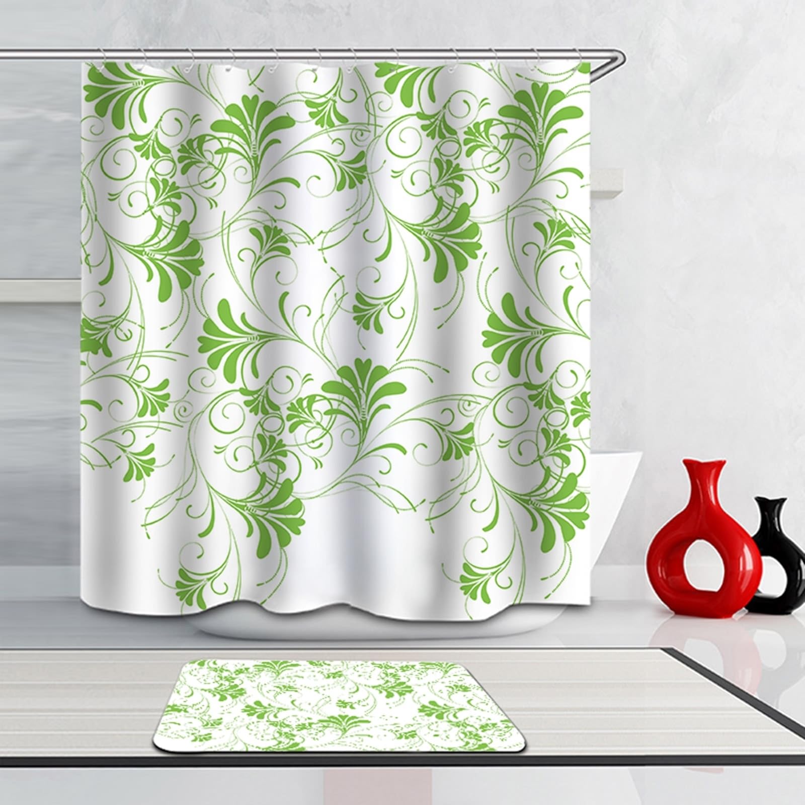 Cortina de ducha de 180 x 180 cm, textil verde, blanco, verde, patrón de plantas, cortina de baño, tela de poliéster, resistente al moho, lavable, 1,8 x 1,8 m de largo (ancho x alto), incluye