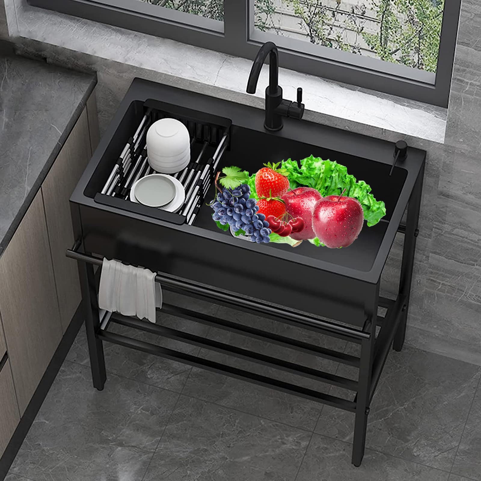 HCZKIUJY Stainless Steel Black Laundry Sink Utility Single Bowl Sink,Freestanding Commercial Restaurant Kitchen Sinks, w/Faucet, for Garage,Restaurant,Kitchen,Laund (90 * 45 * 86cm)