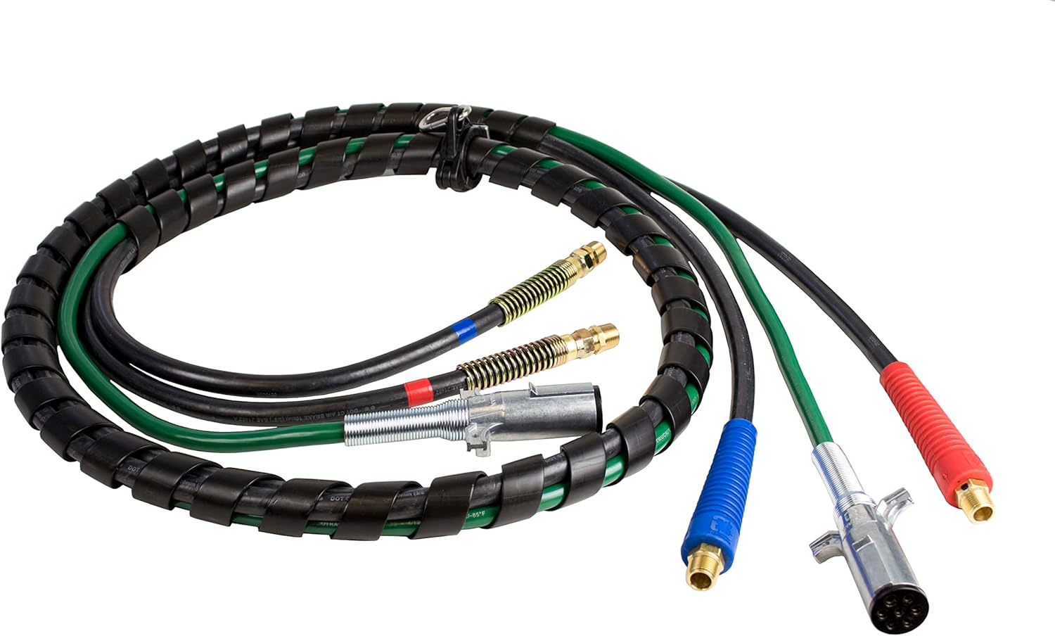 Tectran 3-in-1 Industry Grade Airpower Line Set | Flexible Grips | Tractor-Trailer Hook-Up Line | 1/2" NPT Fittings | (12' Length)