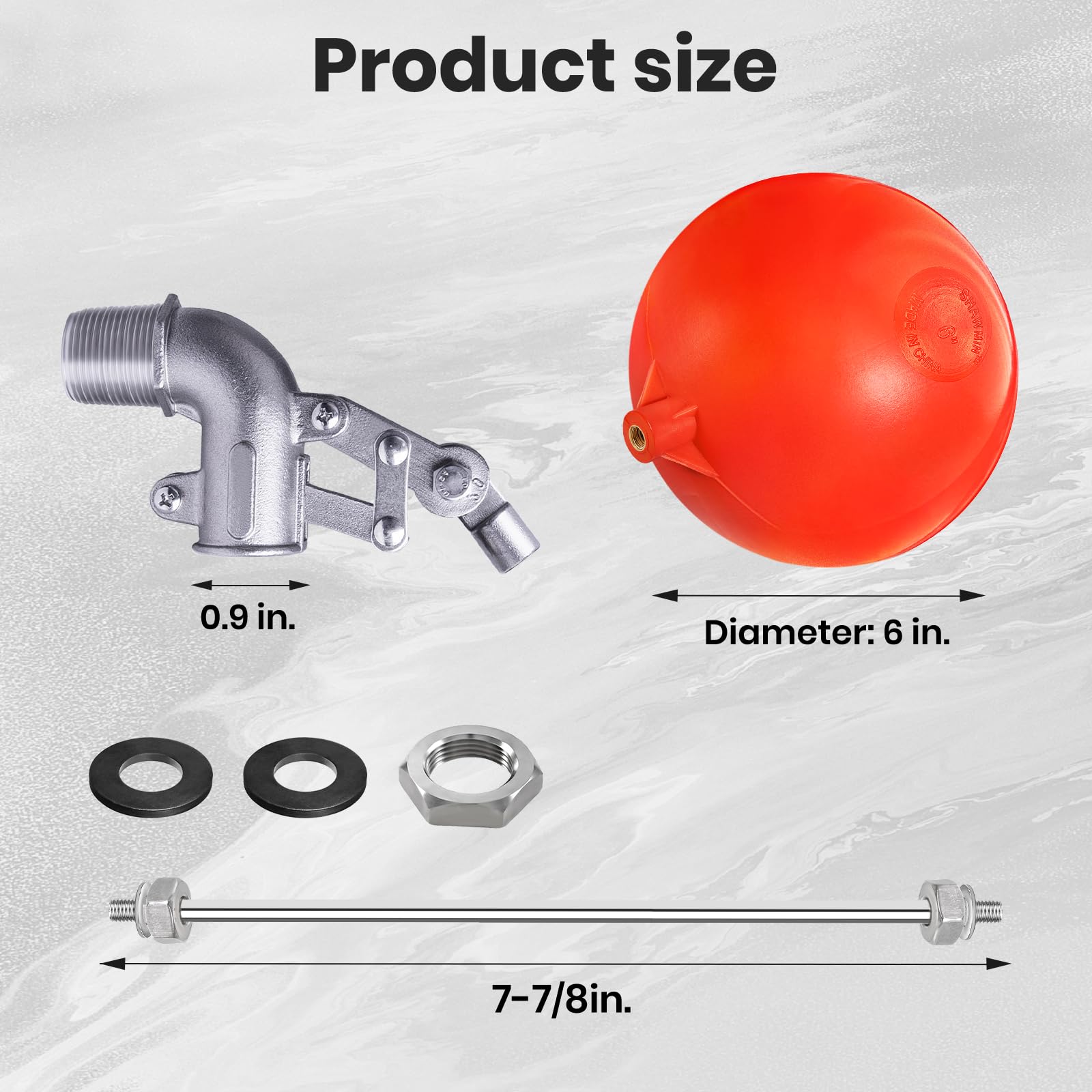 Válvula flotante de acero inoxidable de 3/4 pulgadas para tanque de agua, diseño resistente con varilla de ángulo ajustable para un control preciso del nivel de agua, incluye bola flotante de 6