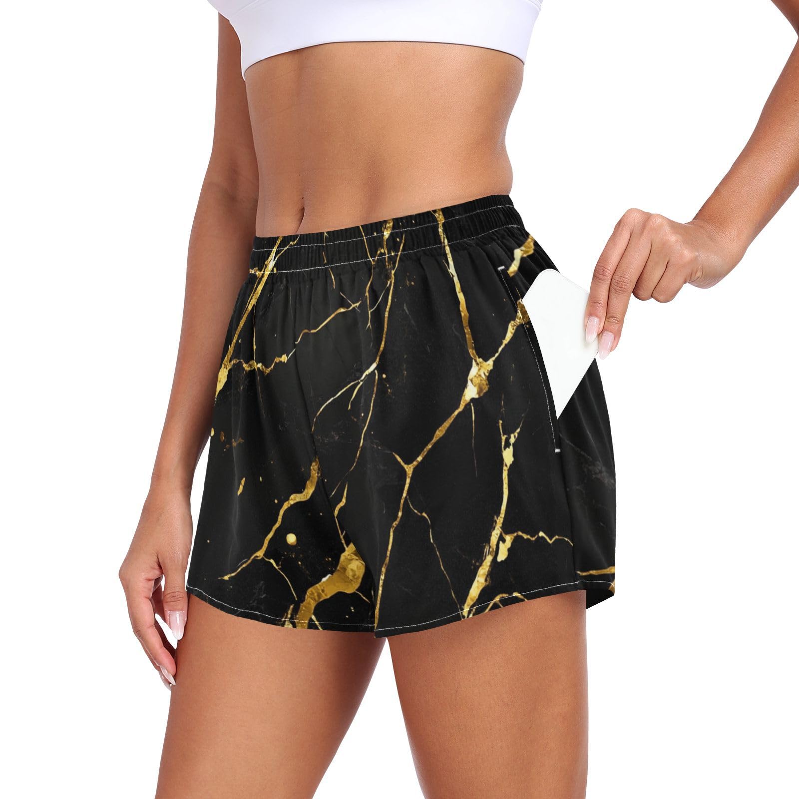 EtherSpher Black Gold Marble Women's Athletic Shorts with Pockets Girls Loose Fitting Shorts for Running Yoga Sports Beach Pantalones Cortos deportivos para Mujer L