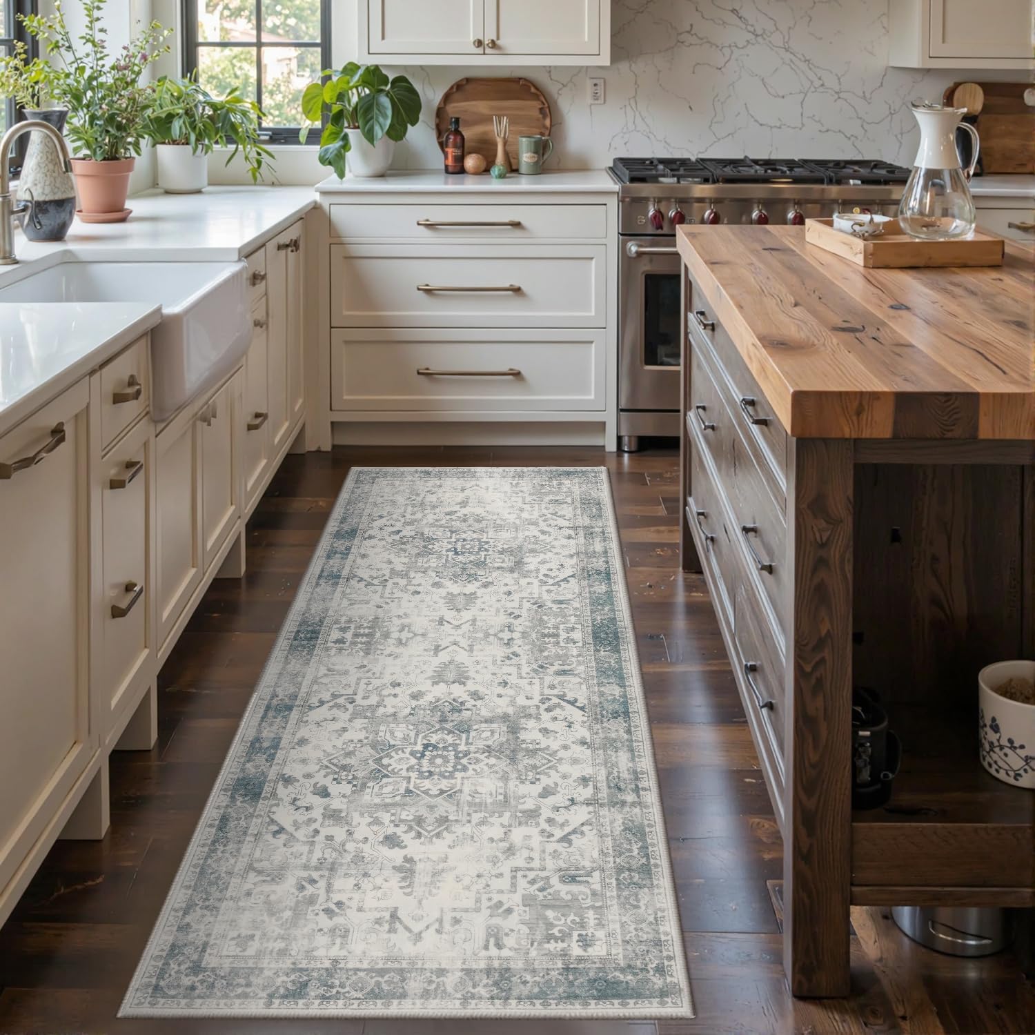 Rugxara 2x5 Hallway Runner Rug, Non Slip Boho Runner Rugs for Hallway, Kitchen, Entrance, Bathroom, Laundry Room, Soft Ultra-Thin Entryway Carpet, Throw Low Pile Retro Imitation Wool Carpet, Blue Grey
