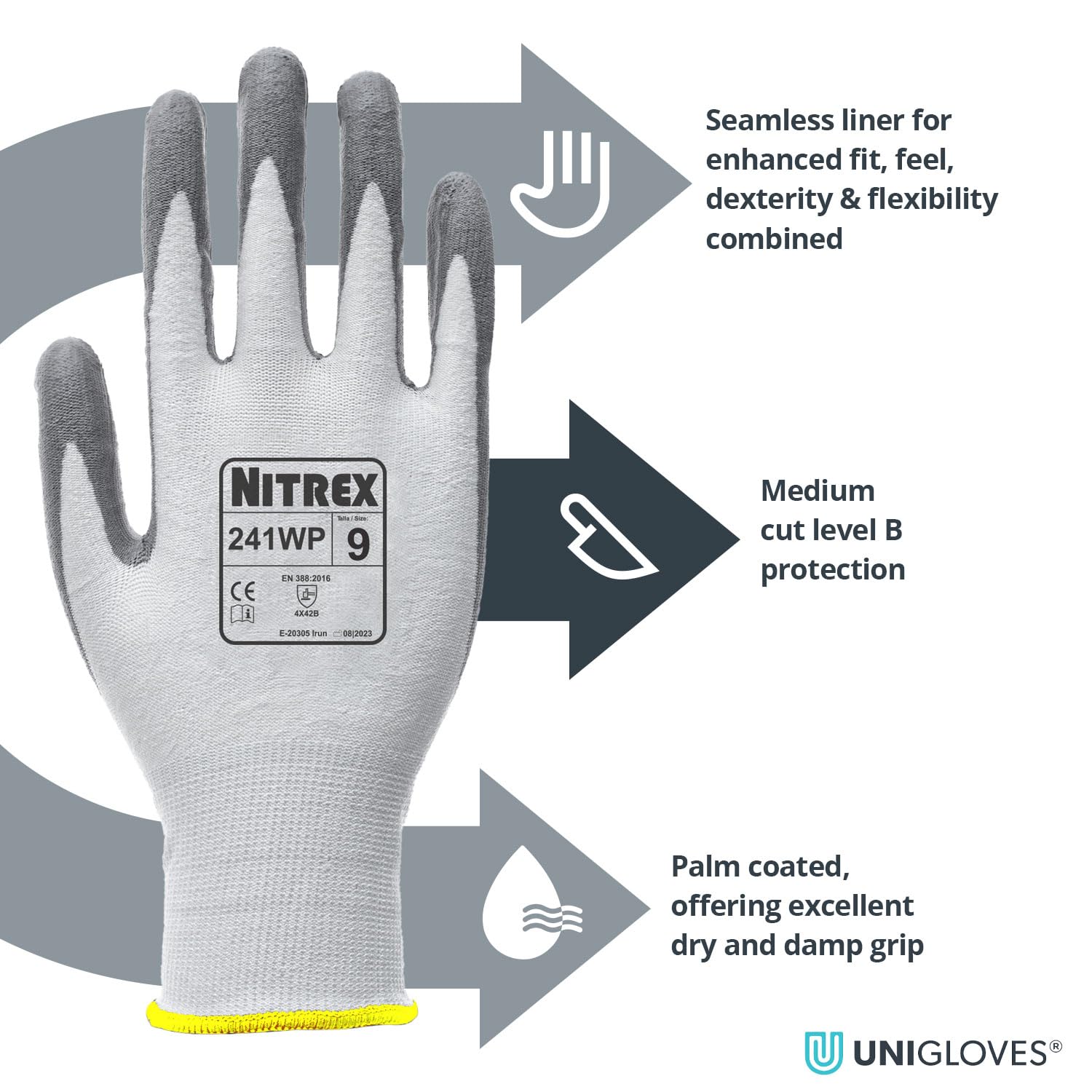 NITREX 241WP 241WP-06 Lot de 10 paires de gants de sécurité pour le travail, revêtement paume en polyuréthane, doublure sans couture de calibre 13, résistant aux coupures ISO niveau B, excellente