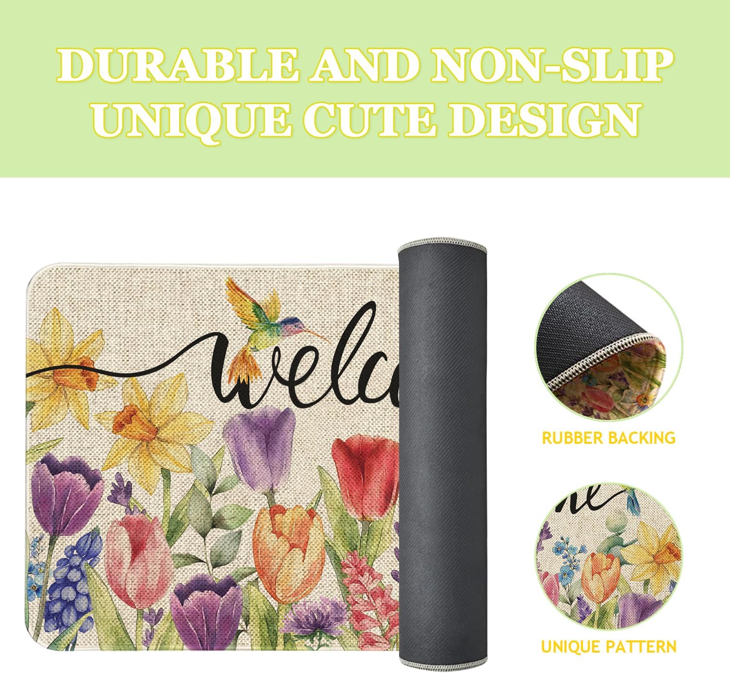 Spring Floral Welcome Doormat 30x17 Inch Flowers Door Mat for Indoor Outdoor Entrance Non-Slip Washable Floor Mats Spring Summer Home Decor Rugs