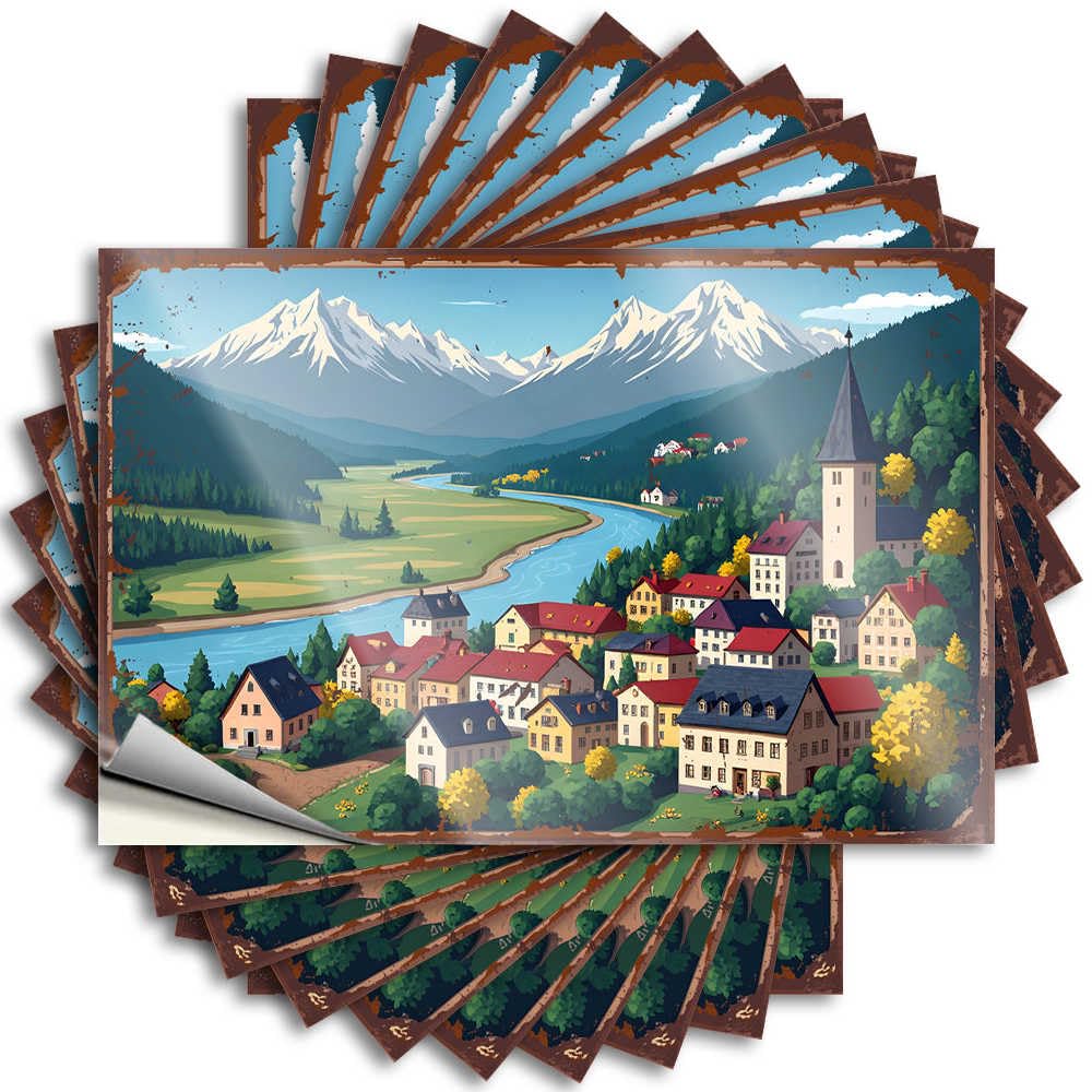 Cool Wall Decor Western Decals - Mountain Village with River and Snow-Capped Peaks Laptop Waterproof Vinyl Sticker(6X9CM)