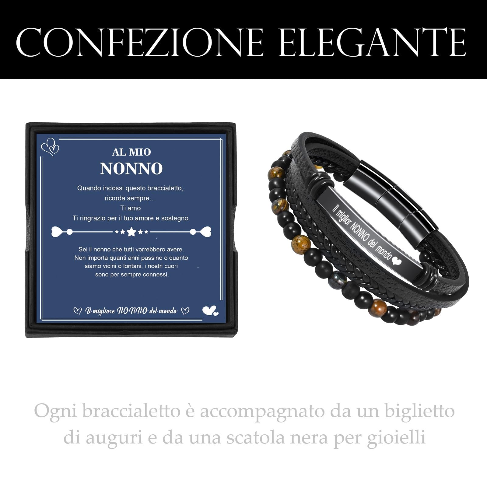VGWON Regalo Uomo Bracciale da Uomo in Vera Pelle con Pietre Naturali, Regalo per Lui Marito Fidanzato Figlio Papà Nonno, Regalo San Valentino Compleanno Natale Anniversario