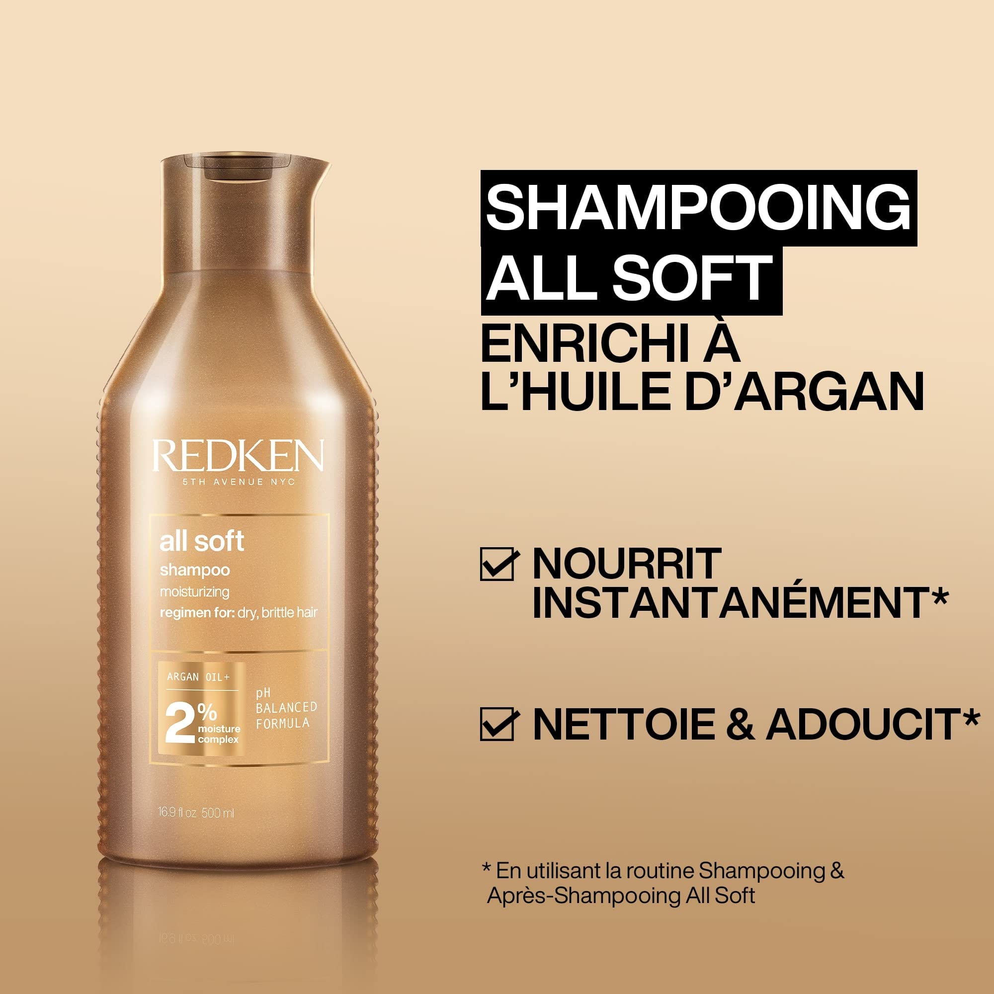 Redken, Routine Hydratante pour Cheveux Secs à Très Secs, Colorés ou Naturels, Nourrit & Renforce la Fibre, Souplesse et Douceur, Huile d'Argan et Oméga 6, All Soft