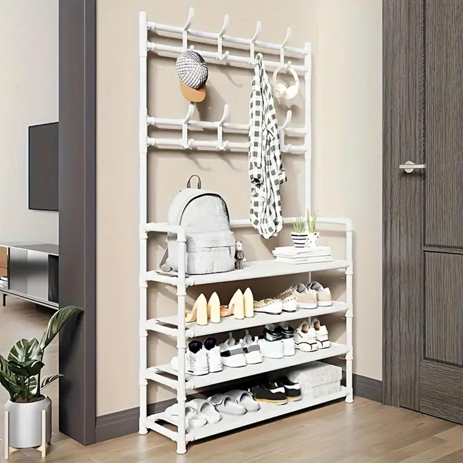 LWJSOCP 4-in-1 Rustic Farmhouse Coat Rack & Shoe Bench - Metal Hall Tree with Hooks Storage for Shoes Entryway nizer - Stylish White Entry Bench (60cm)