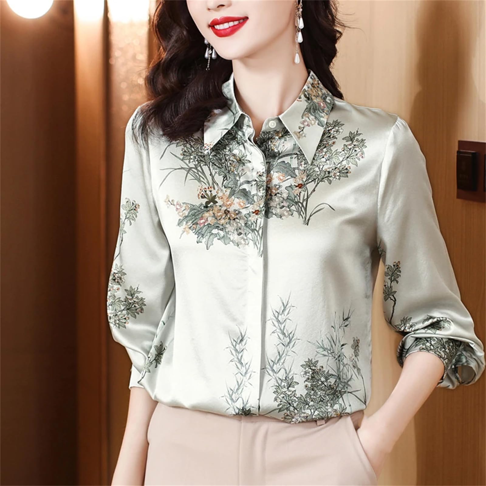 Lmtossey Camicetta vintage a maniche lunghe in raso di raso da donna con stampa floreale