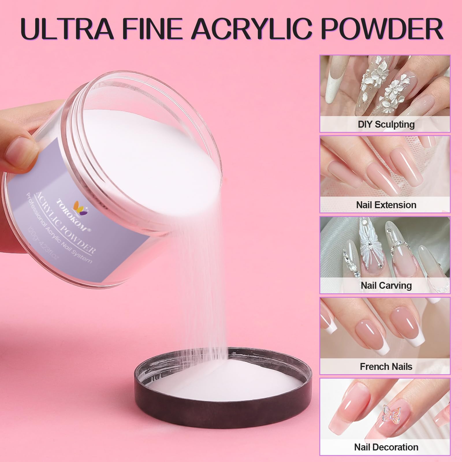 TOROKOM Acrylic Powder, Large 120g/4.23oz Capacity Professional Acrylic Nail Powder for Nail Extension Nail Carving - Image 4