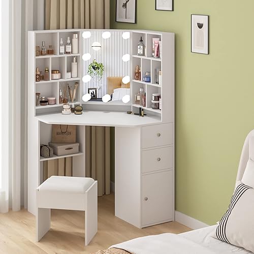 Miniatura 3 de Fameill Escritorio esquinero de maquillaje con espejo iluminado, juego de tocador negro con luces, tocadores grandes con mucho almacenamiento para