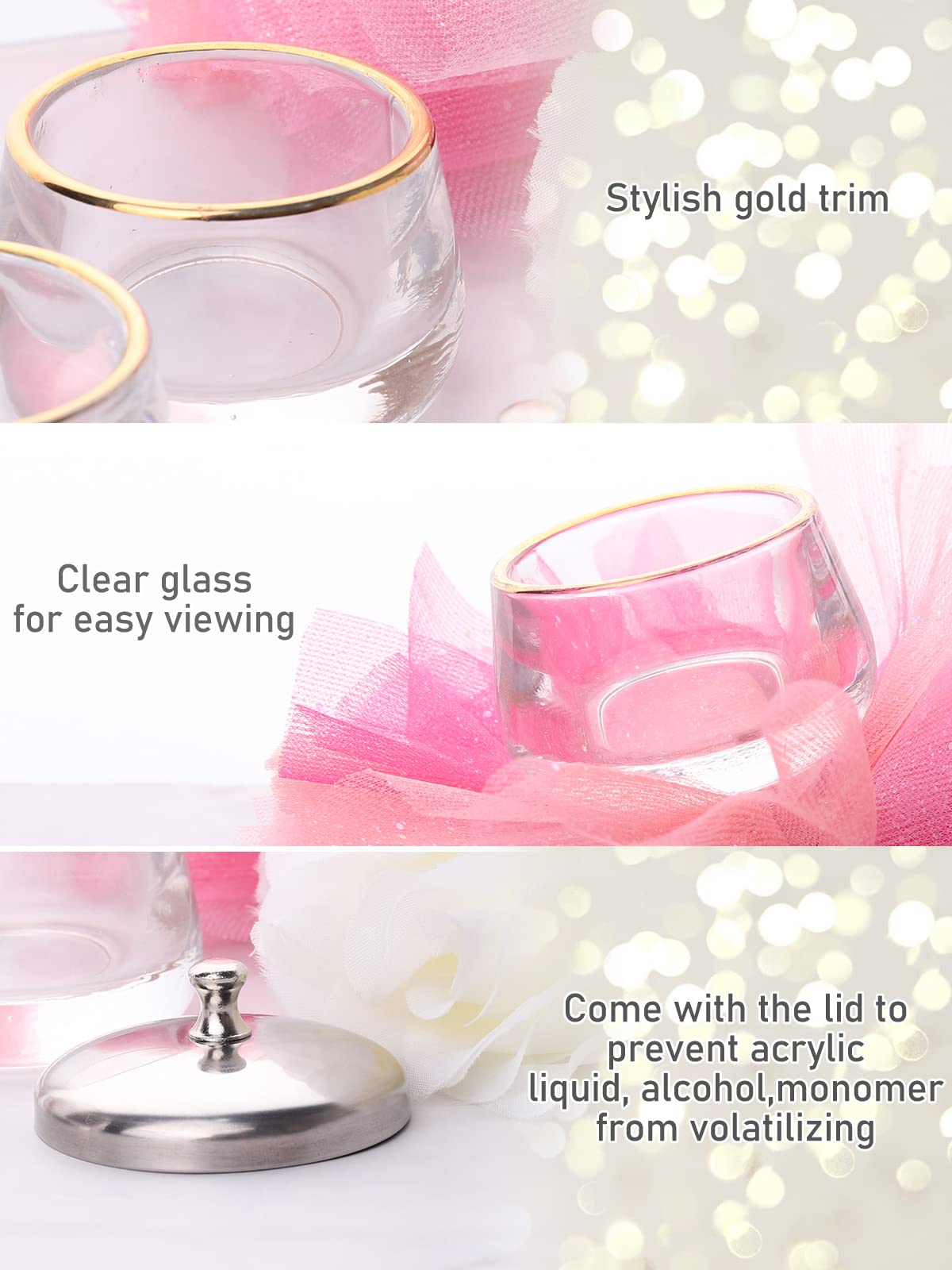 TOROKOM 2Pcs Dappen Dish Clear Monomer Dish with Lid for Acrylic Nails, Glass Nail Cup Containers for Liquid Powder Acetone Small Damping Dapping Dish Holder Supplies - Image 3