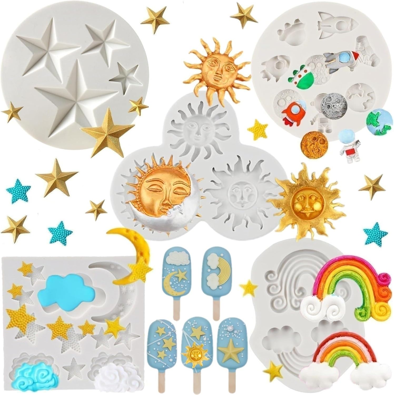 Moon and Star Molds Silicone, Cloud Fondant Mold Moon Star Chocolate Molds for Candy Baking Sugar Cake Pop Cupcake Cake Decorating